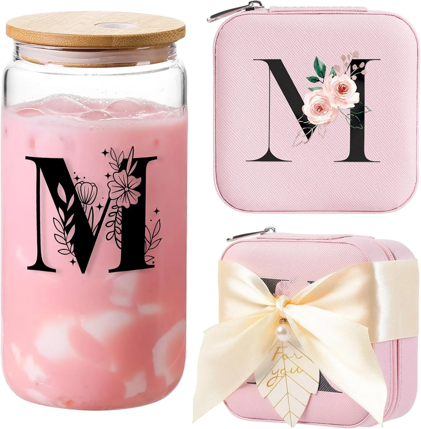 AYGXU Initial Glass Cups with Lids and Straws, Jewelry Case for Women, Jewelry Box Organizer, Coffee Cups, Travel Gifts for Women Essentials, Initial M Pink