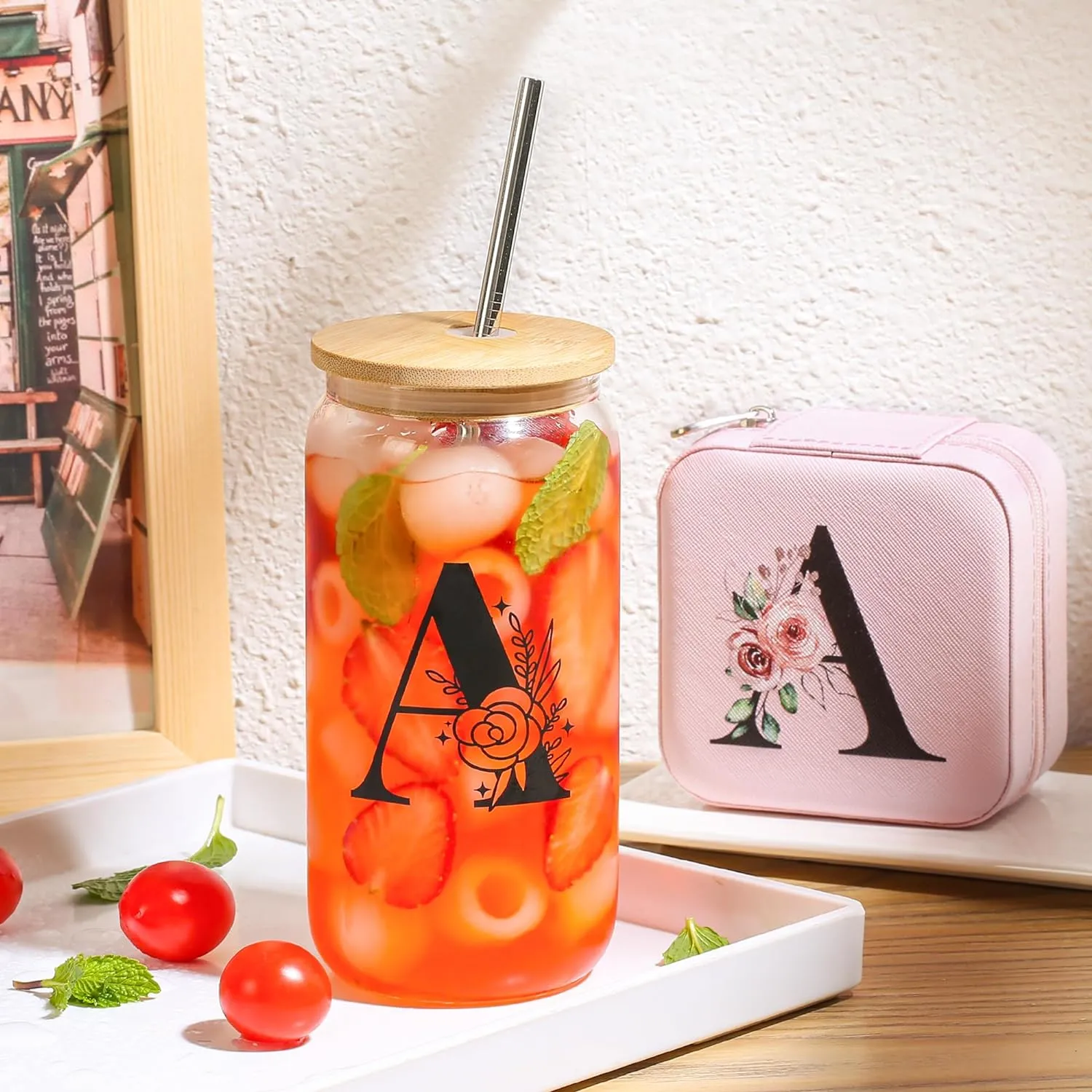 AYGXU Initial Glass Cups with Lids and Straws, Jewelry Case for Women, Jewelry Box Organizer, Coffee Cups, Travel Gifts for Women Essentials, Initial M Pink