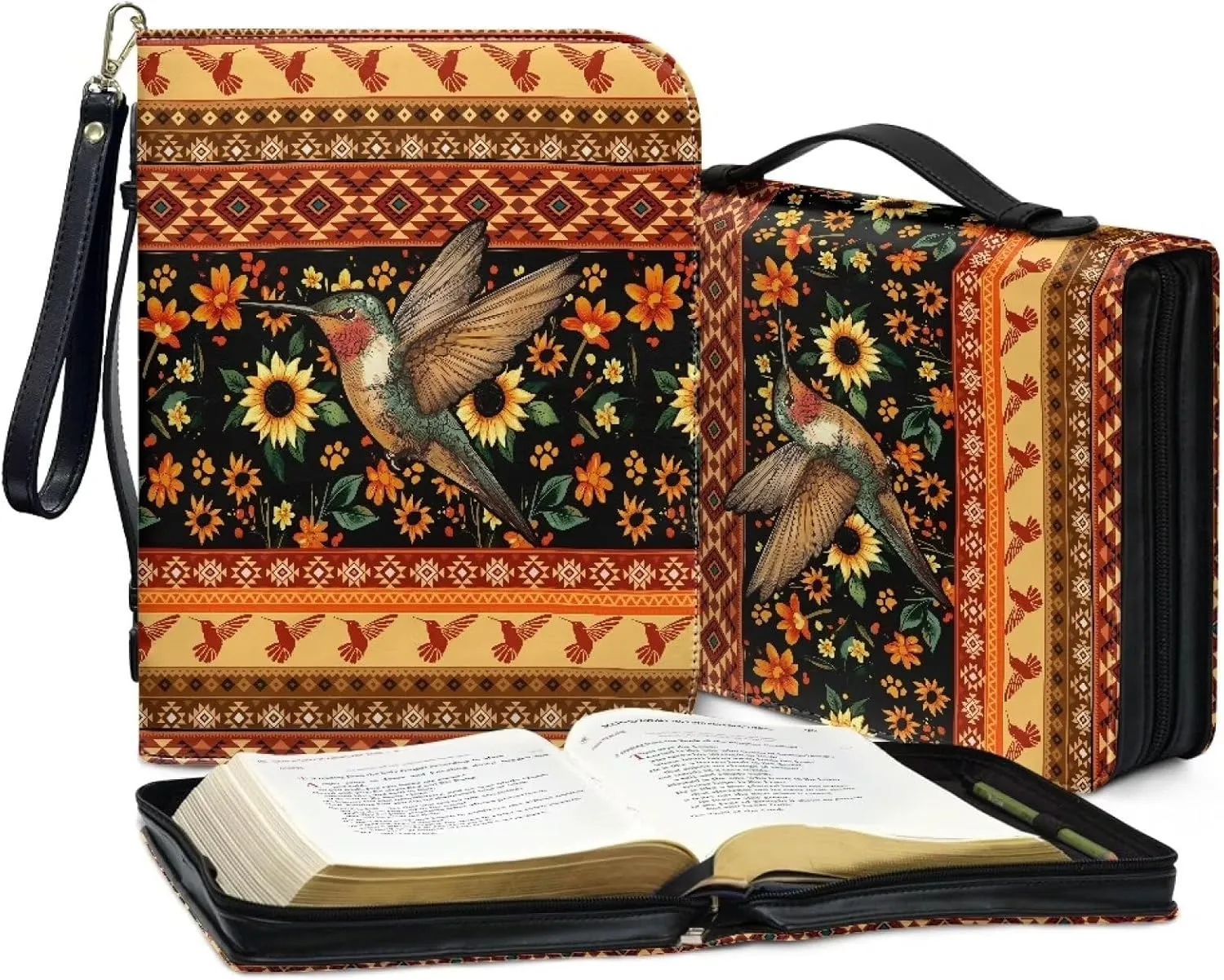 Aztec Tribe Hummingbird Sunflower Floral Print Leather Bible Case for Women Men Lightweight Bible Cover Bag with Detachable Wristlet Strap Bible Protective Carrier for Christian, L