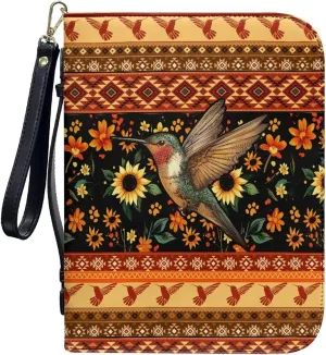 Aztec Tribe Hummingbird Sunflower Floral Print Leather Bible Case for Women Men Lightweight Bible Cover Bag with Detachable Wristlet Strap Bible Protective Carrier for Christian, L