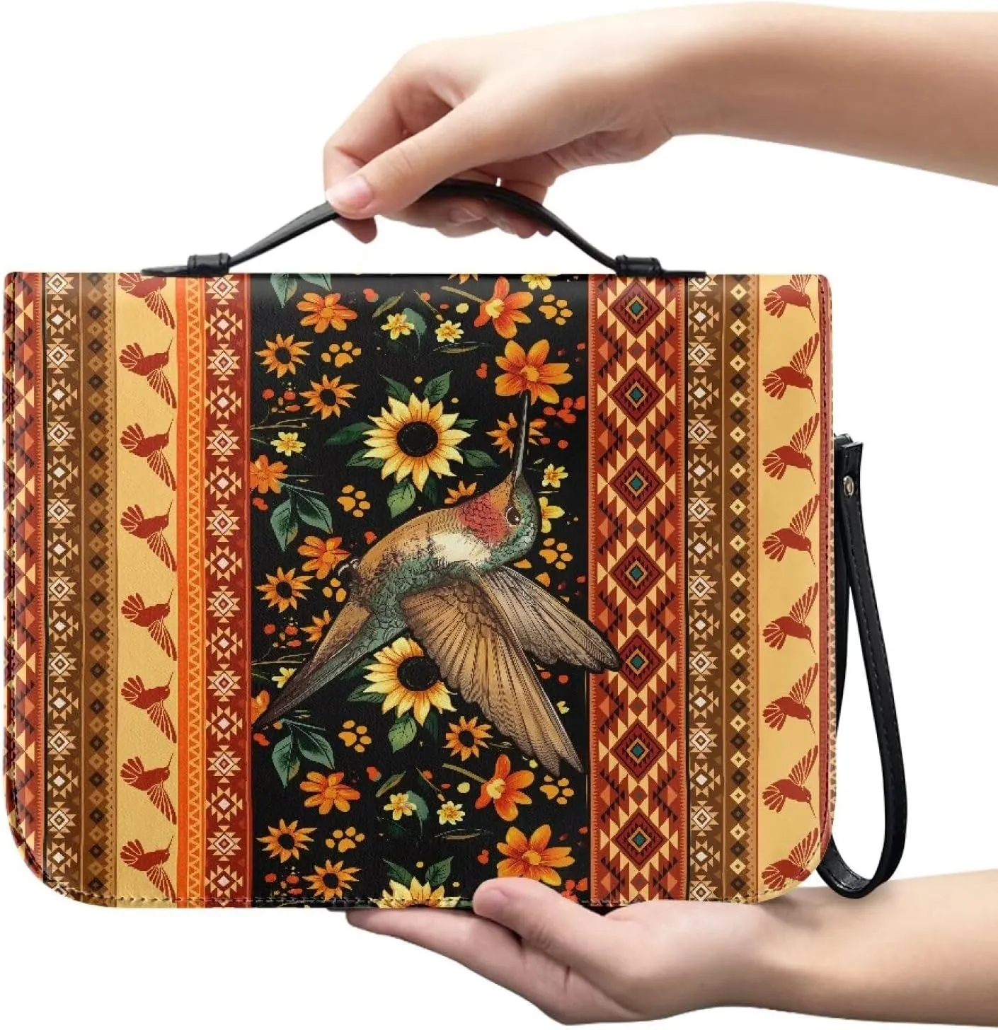 Aztec Tribe Hummingbird Sunflower Floral Print Leather Bible Case for Women Men Lightweight Bible Cover Bag with Detachable Wristlet Strap Bible Protective Carrier for Christian, L