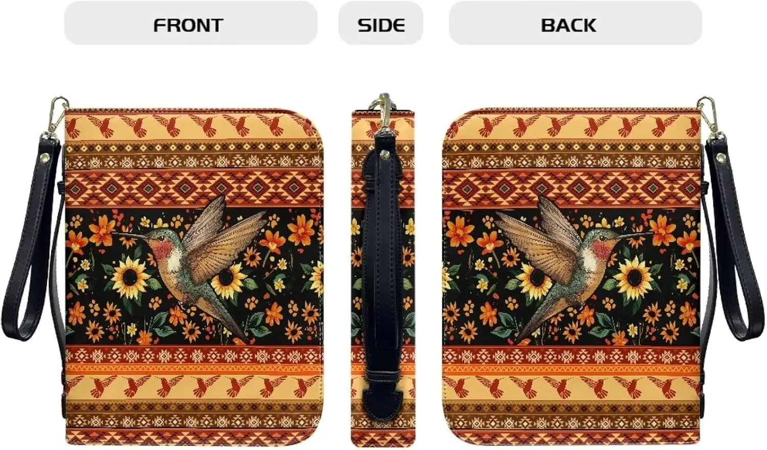Aztec Tribe Hummingbird Sunflower Floral Print Leather Bible Case for Women Men Lightweight Bible Cover Bag with Detachable Wristlet Strap Bible Protective Carrier for Christian, L