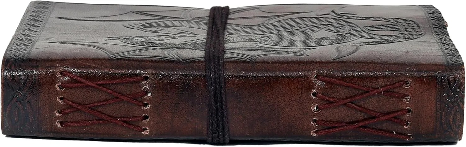 AzureGreen DOUBLE DRAGON Blank Page BOOK Handcrafted Leather Writing Unlined 5 x 7 JOURNAL (Brown)