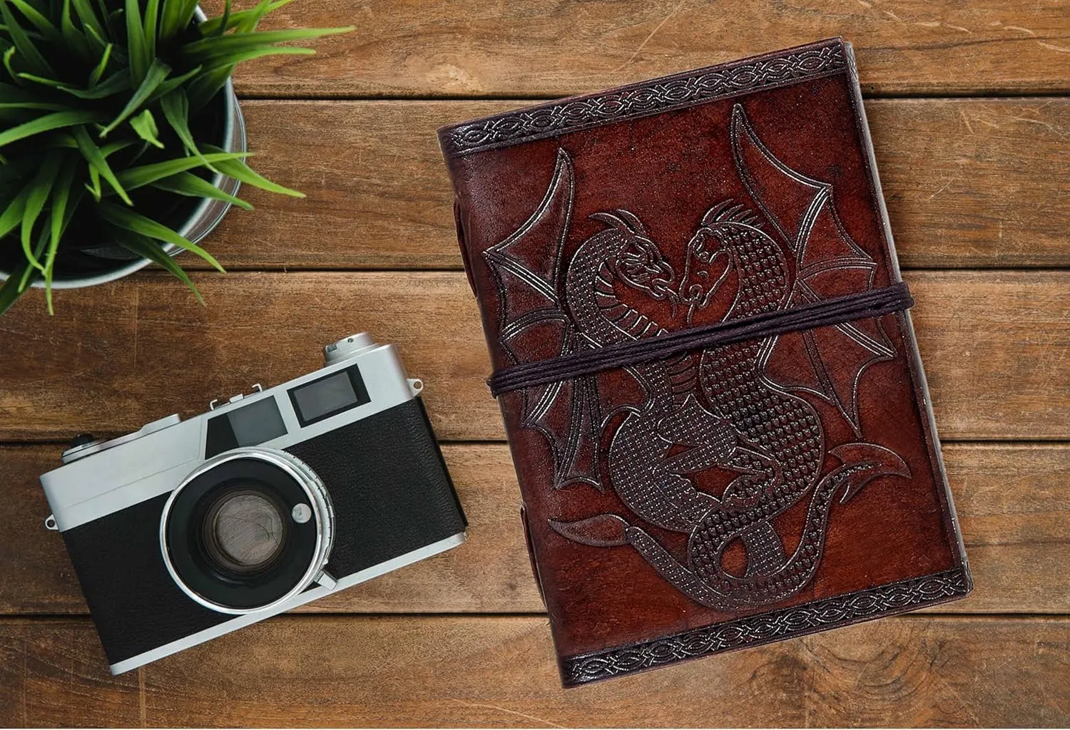 AzureGreen DOUBLE DRAGON Blank Page BOOK Handcrafted Leather Writing Unlined 5 x 7 JOURNAL (Brown)