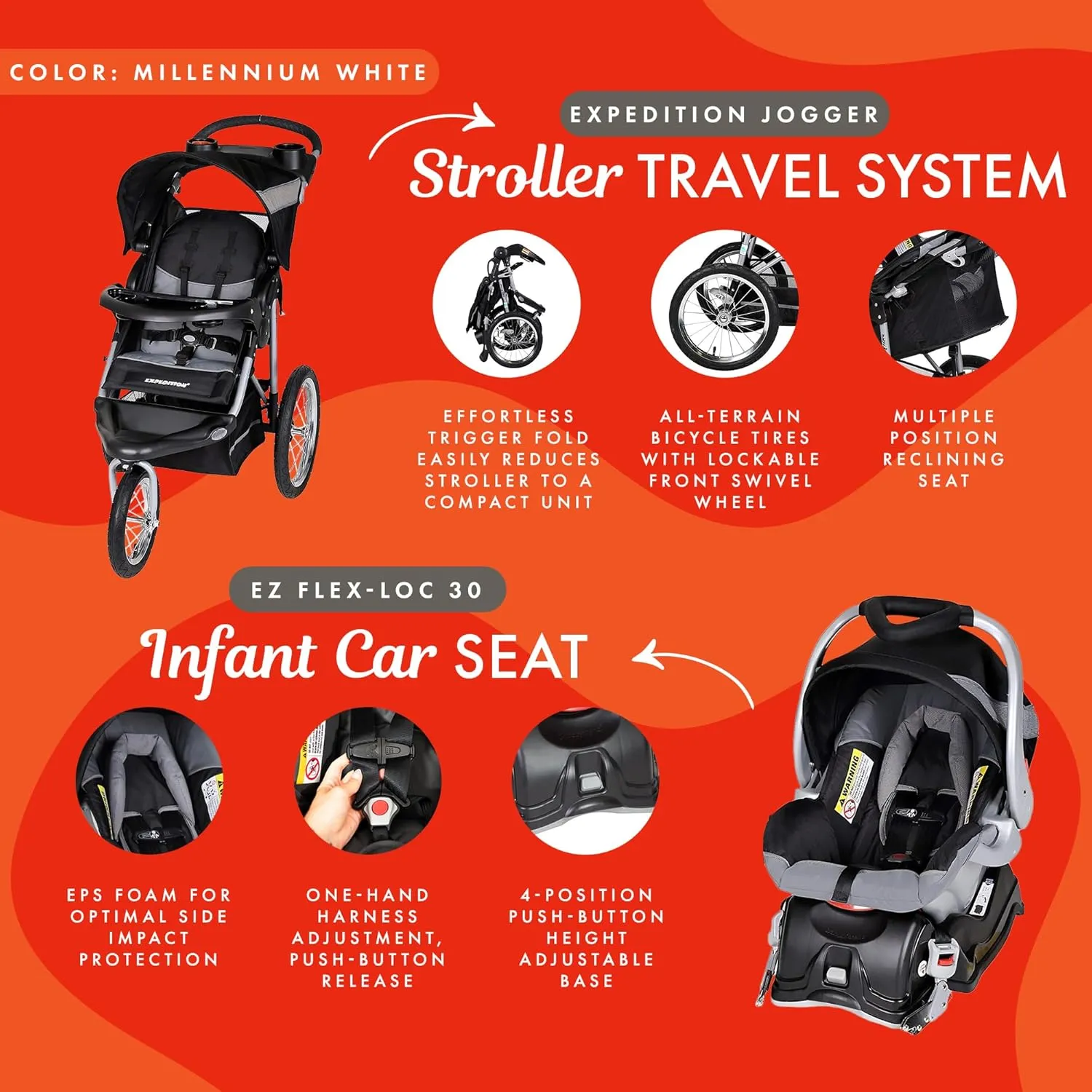 Baby Trend Expedition® Jogger Travel System with EZ Flex-Loc® Infant Car Seat, Millenium White