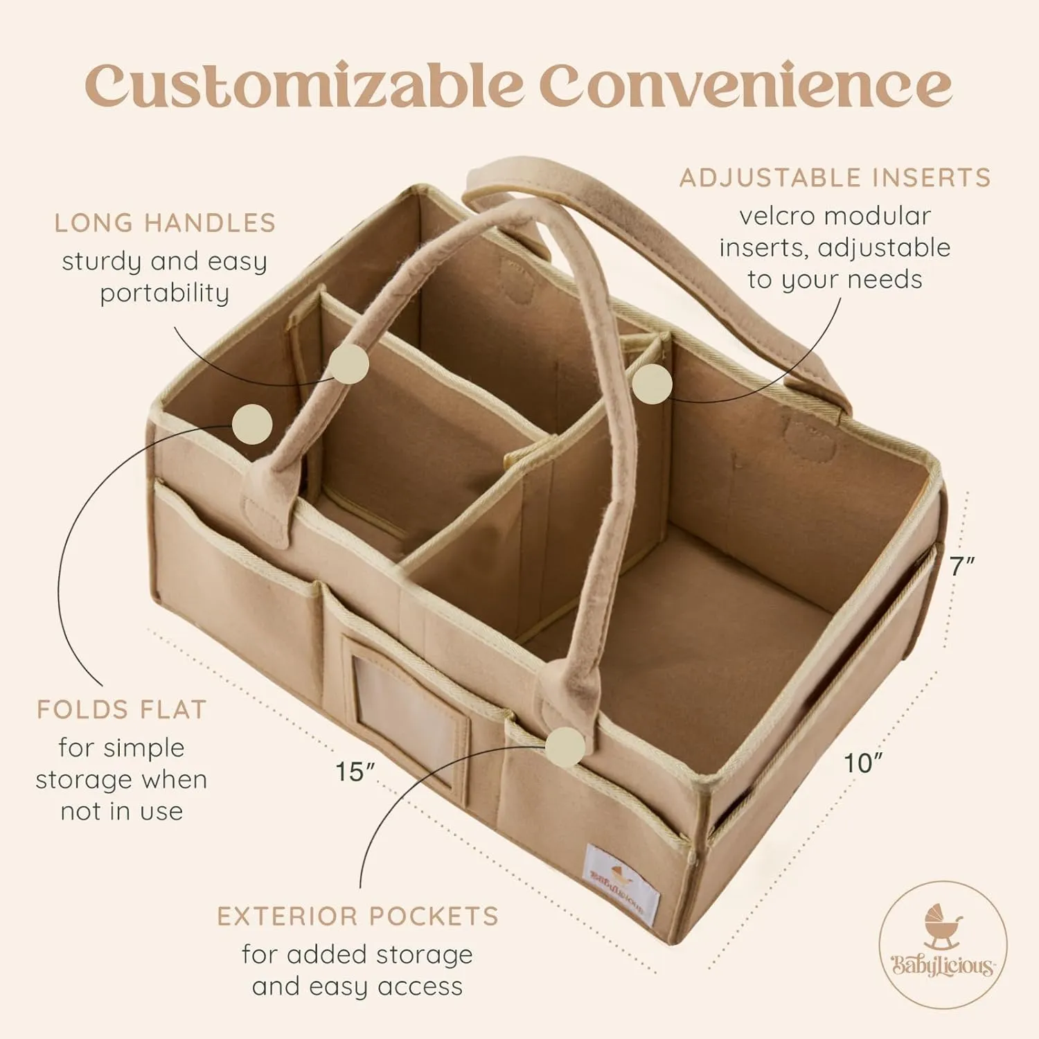 Babylicious Baby Diaper Caddy Organizer | Felt Changing Table Organizer - XL | Diaper Organizer for Changing Table | Name Card Included- Newborn Essentials Must Haves for Parents Tan