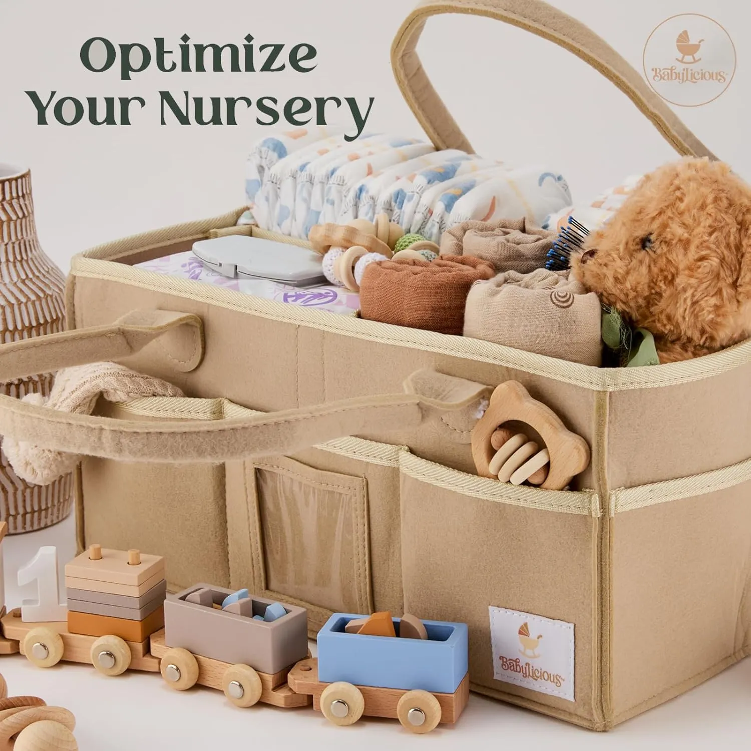 Babylicious Baby Diaper Caddy Organizer | Felt Changing Table Organizer - XL | Diaper Organizer for Changing Table | Name Card Included- Newborn Essentials Must Haves for Parents Tan