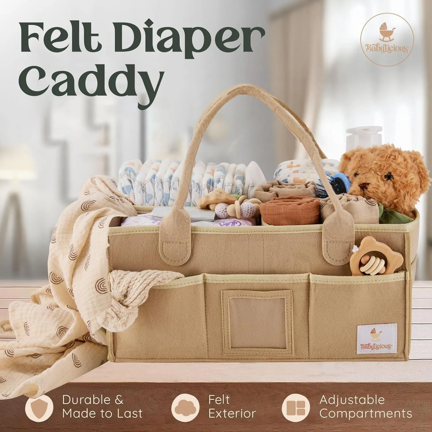 Babylicious Baby Diaper Caddy Organizer | Felt Changing Table Organizer - XL | Diaper Organizer for Changing Table | Name Card Included- Newborn Essentials Must Haves for Parents Tan