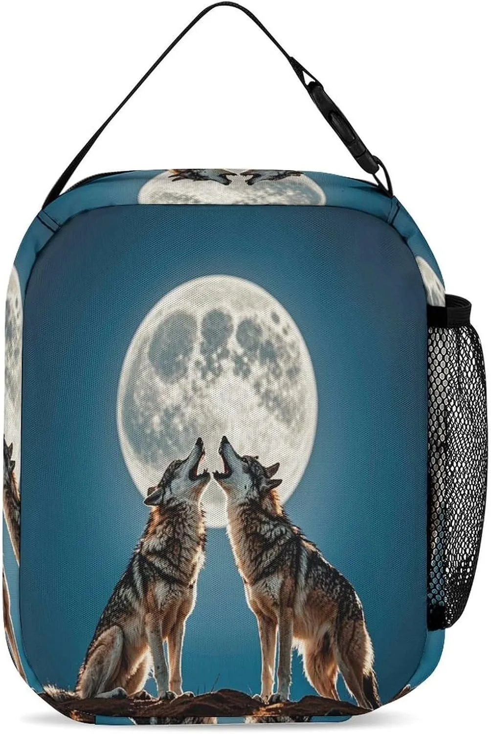 Backpack Lunch Bag Pencil Pouch Set, The Wolf And The Moon Print Lightweight & Durable 3-Piece Combo Ideal for Work, And Travel