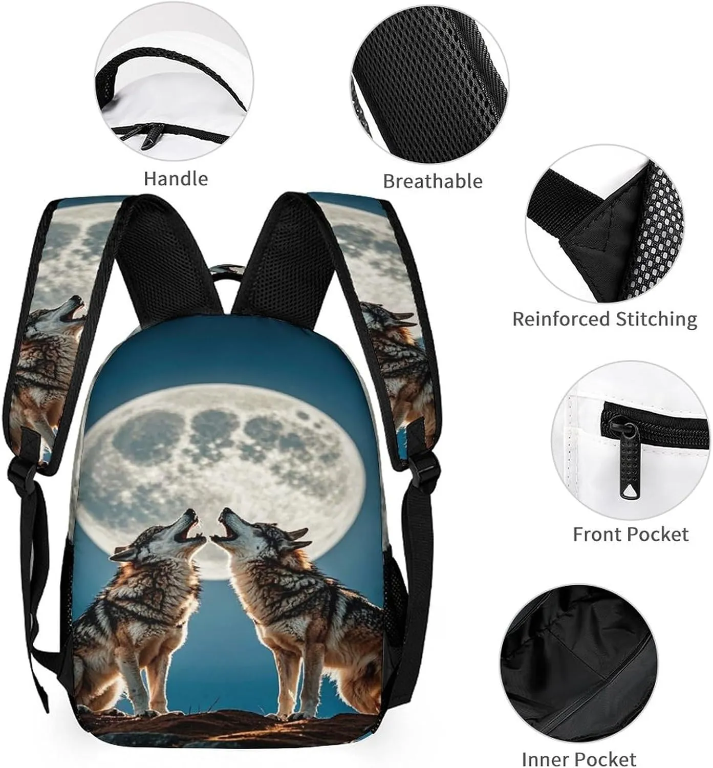 Backpack Lunch Bag Pencil Pouch Set, The Wolf And The Moon Print Lightweight & Durable 3-Piece Combo Ideal for Work, And Travel