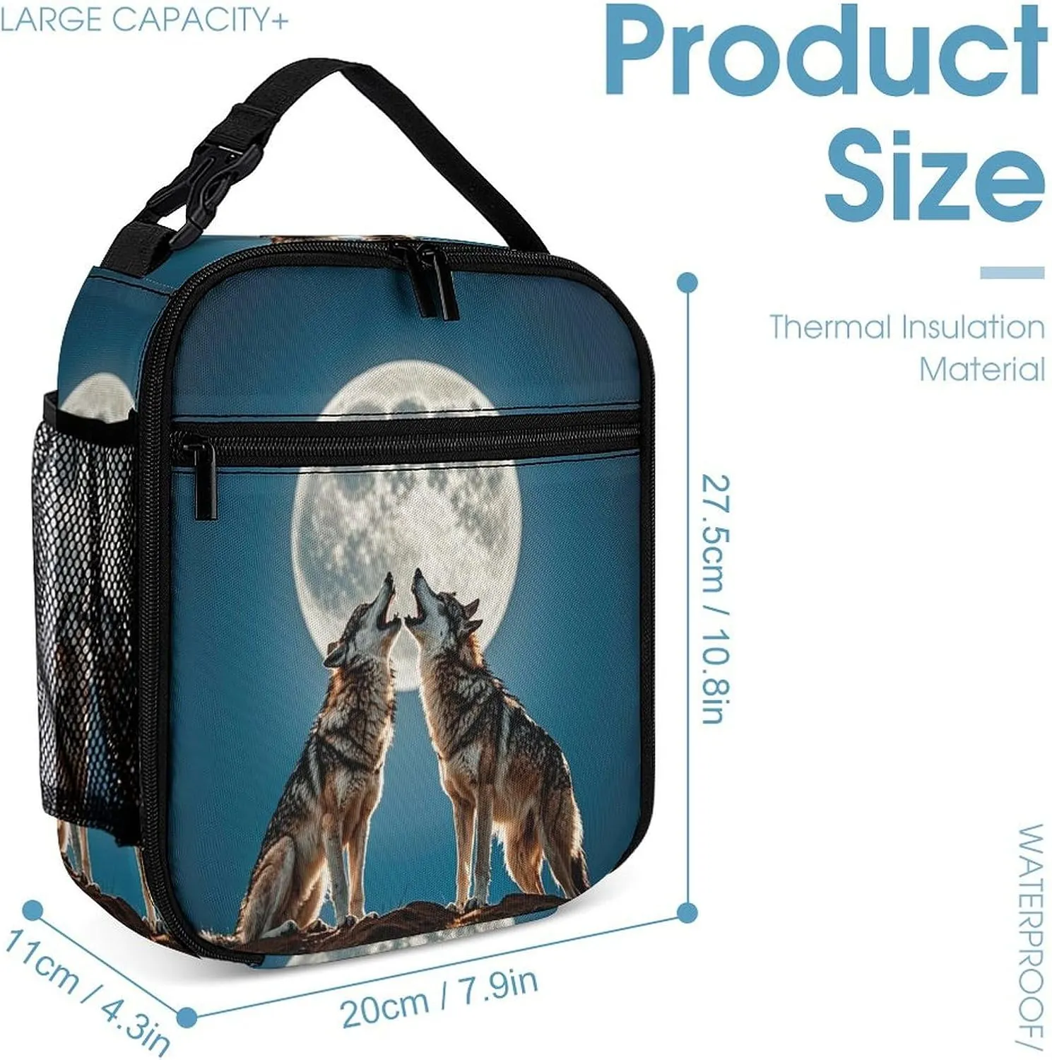 Backpack Lunch Bag Pencil Pouch Set, The Wolf And The Moon Print Lightweight & Durable 3-Piece Combo Ideal for Work, And Travel