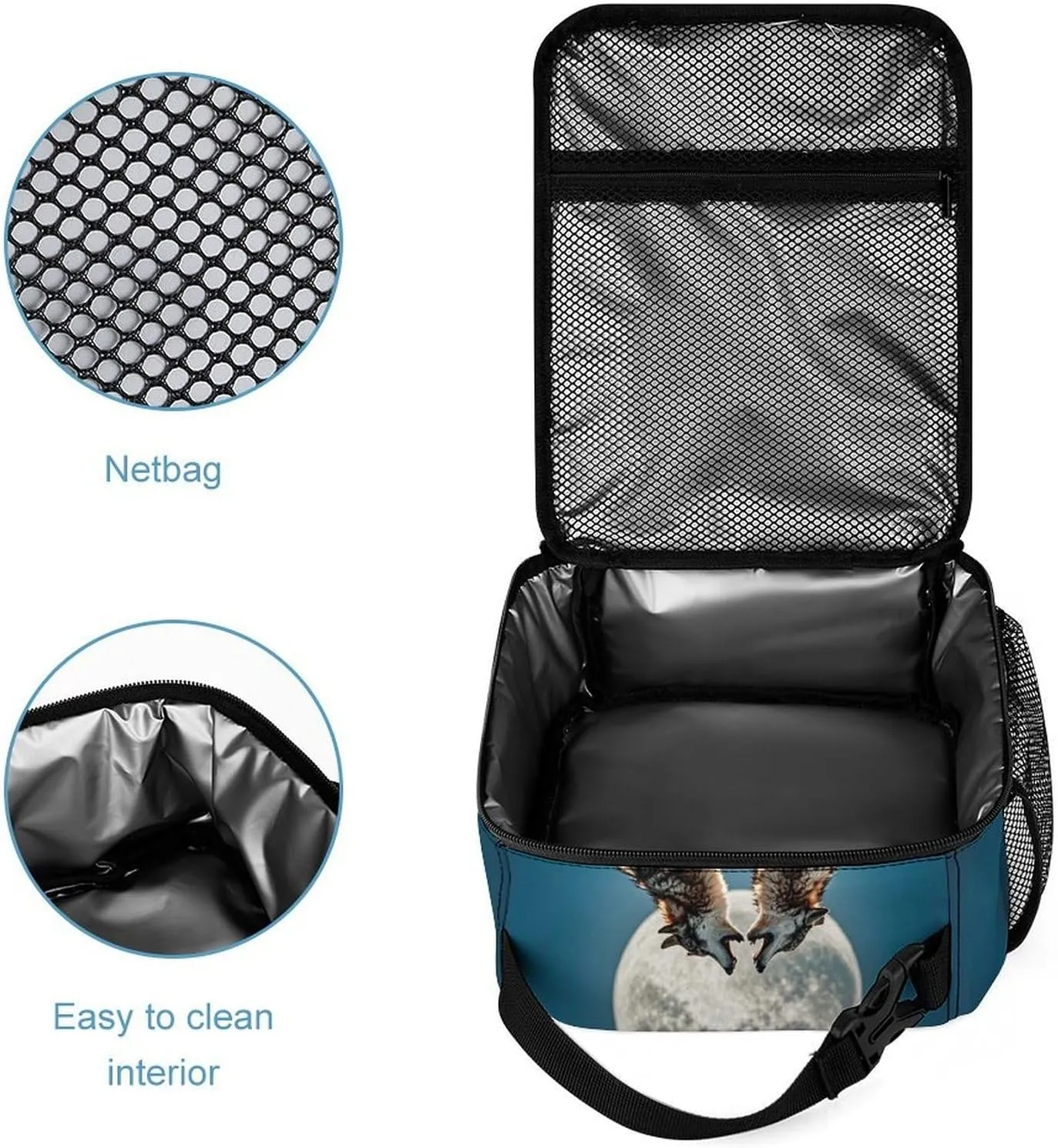 Backpack Lunch Bag Pencil Pouch Set, The Wolf And The Moon Print Lightweight & Durable 3-Piece Combo Ideal for Work, And Travel