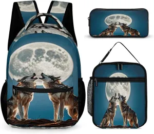 Backpack Lunch Bag Pencil Pouch Set, The Wolf And The Moon Print Lightweight & Durable 3-Piece Combo Ideal for Work, And Travel