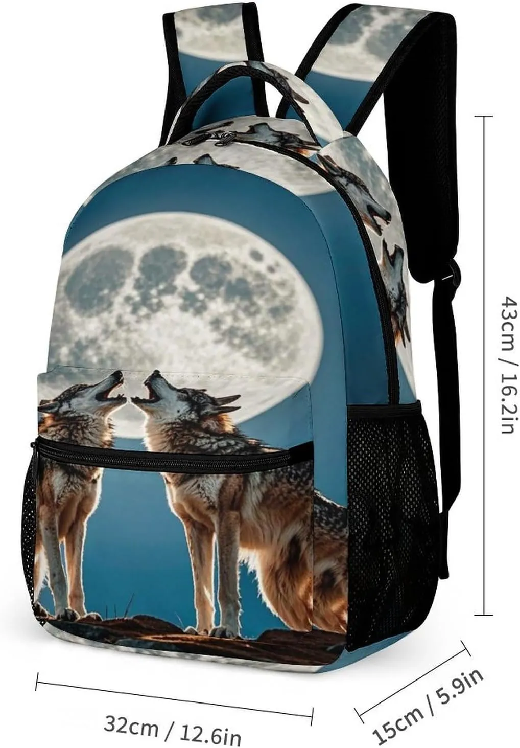 Backpack Lunch Bag Pencil Pouch Set, The Wolf And The Moon Print Lightweight & Durable 3-Piece Combo Ideal for Work, And Travel