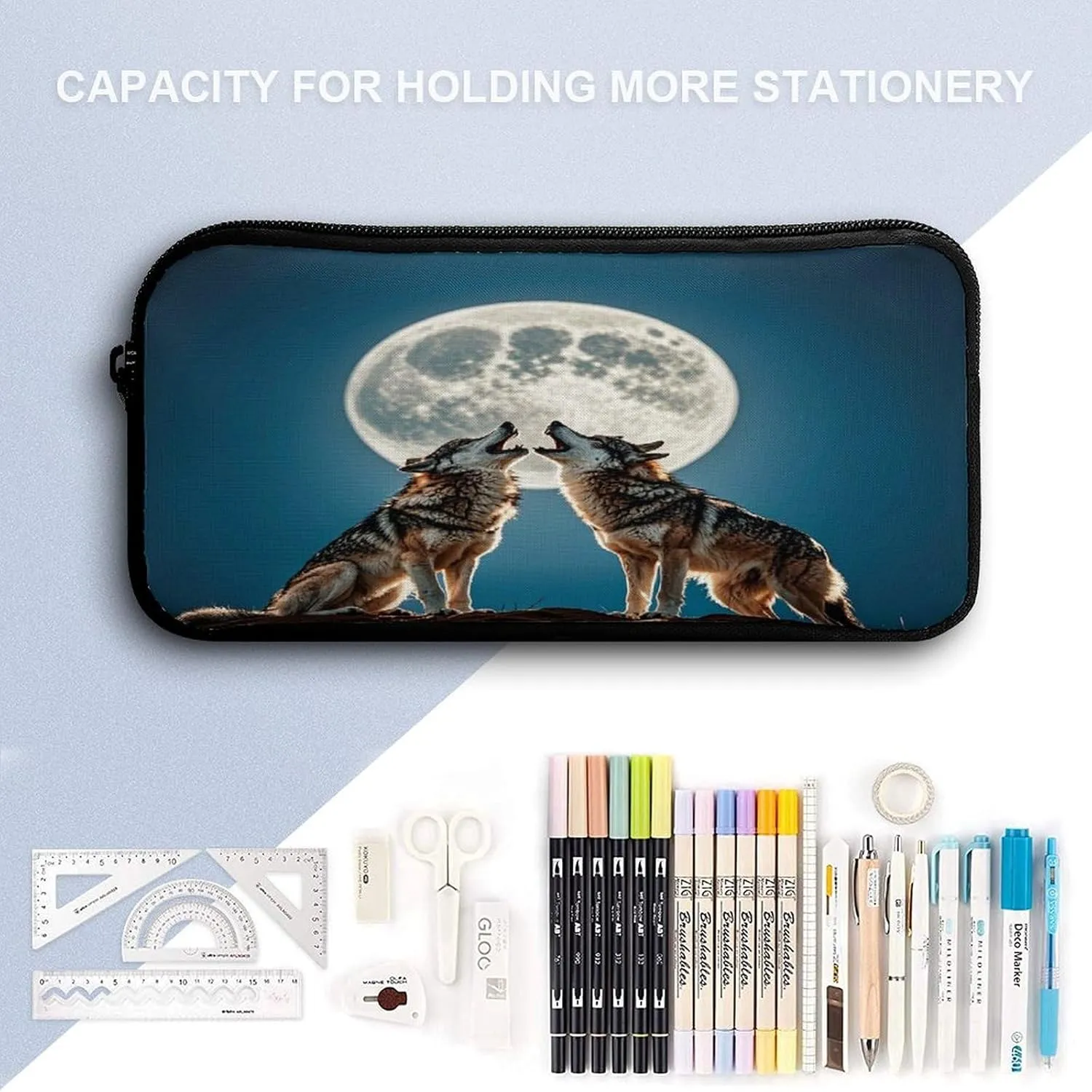 Backpack Lunch Bag Pencil Pouch Set, The Wolf And The Moon Print Lightweight & Durable 3-Piece Combo Ideal for Work, And Travel