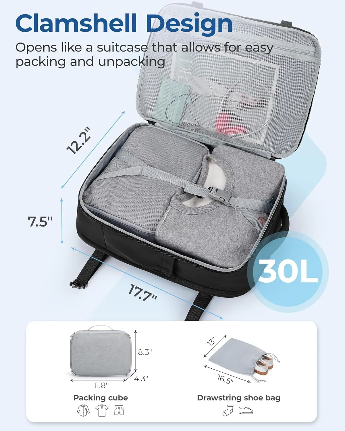 BAGSMART Travel Backpack for Women Men, 30L Carry on Backpack for Airplanes, 17 Inches Backpack for Women, with Shoe Bag & Storage Bag, Backpack Suitcase for Travel, Black