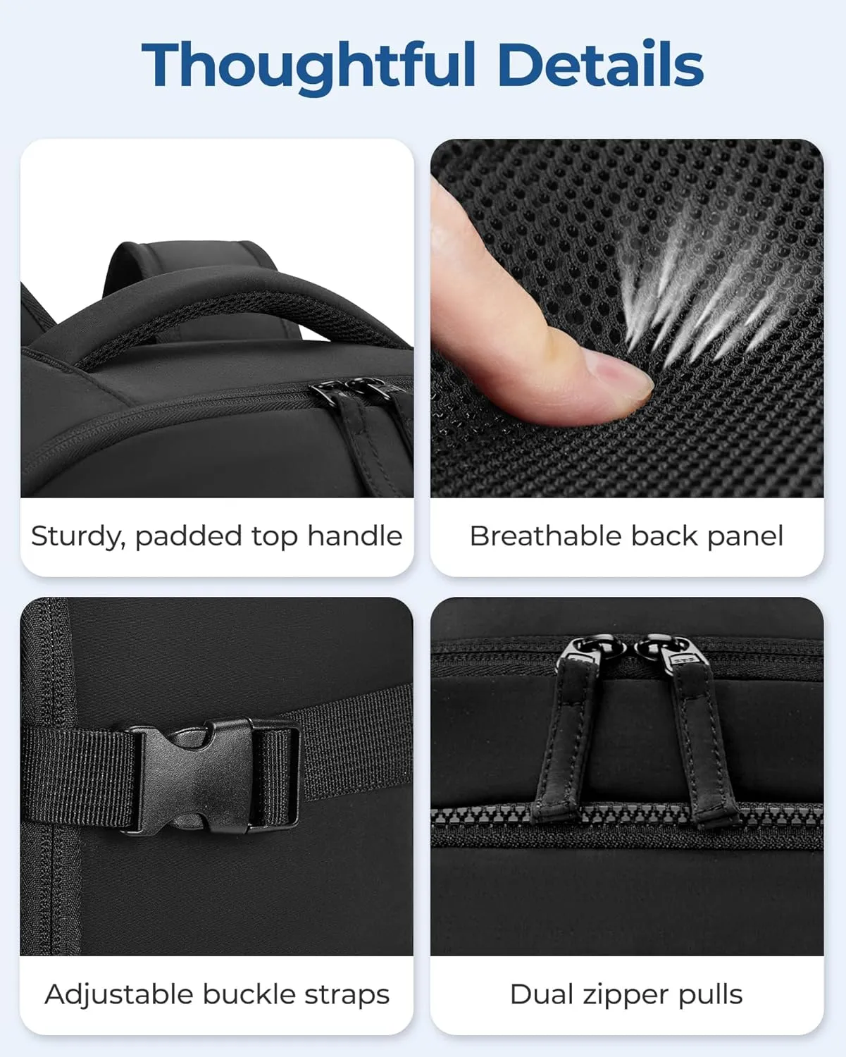 BAGSMART Travel Backpack for Women Men, 30L Carry on Backpack for Airplanes, 17 Inches Backpack for Women, with Shoe Bag & Storage Bag, Backpack Suitcase for Travel, Black