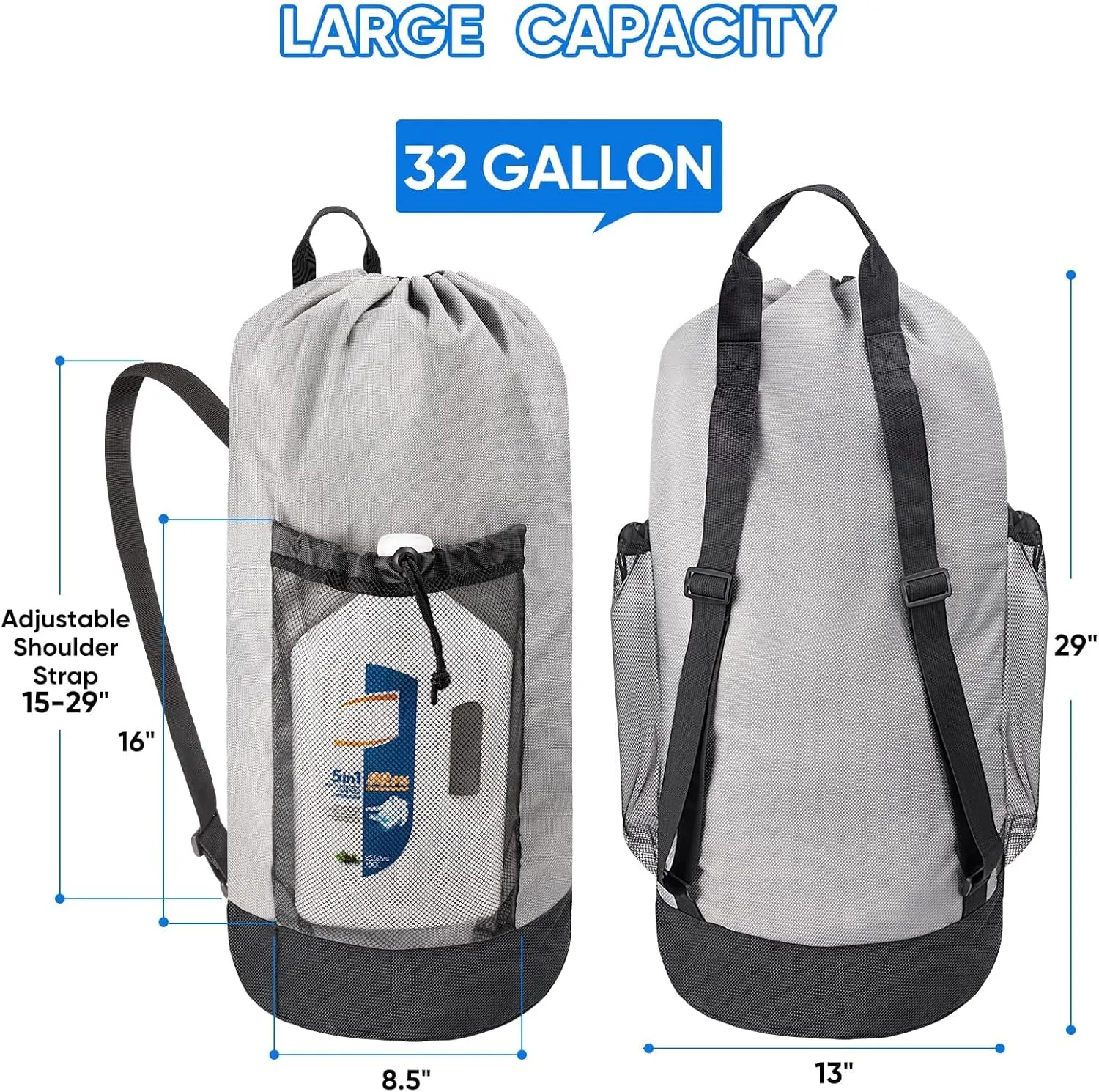 BALEINE 120L Laundry Bag Backpack, 900D Oxford Fabric Large Travel Laundry Bags with Shoulder Straps and 2 Mesh Pockets for College Dorm, Apartment, Laundromat (Khaki)