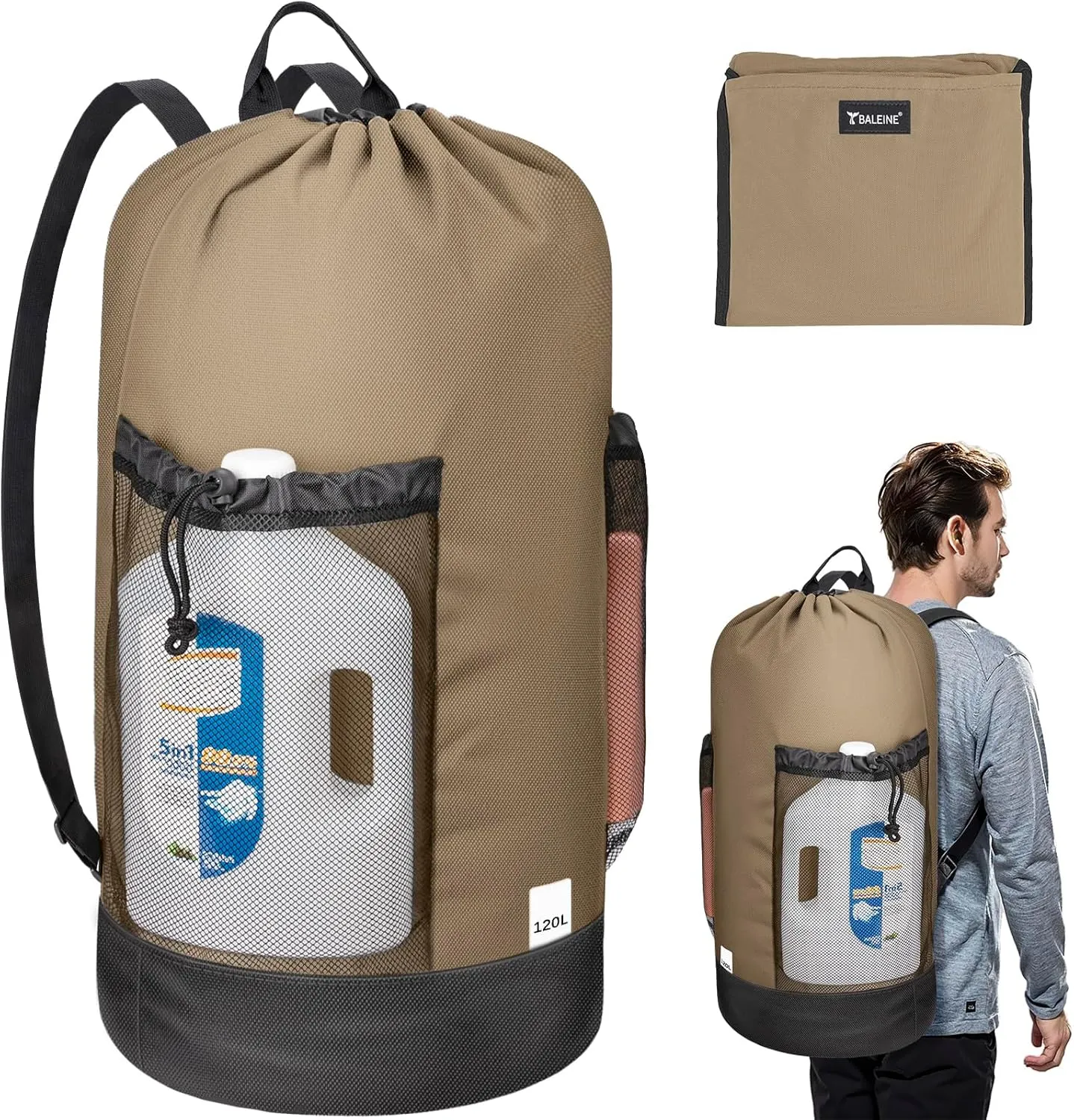 BALEINE 120L Laundry Bag Backpack, 900D Oxford Fabric Large Travel Laundry Bags with Shoulder Straps and 2 Mesh Pockets for College Dorm, Apartment, Laundromat (Khaki)