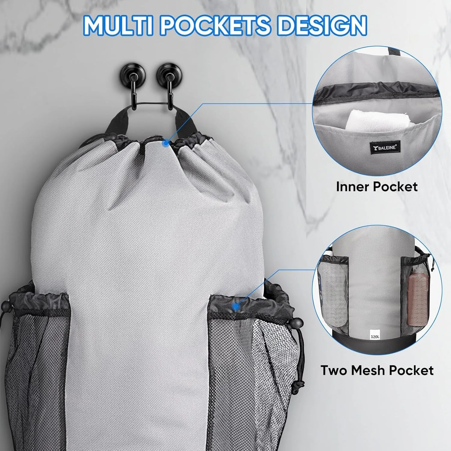 BALEINE 120L Laundry Bag Backpack, 900D Oxford Fabric Large Travel Laundry Bags with Shoulder Straps and 2 Mesh Pockets for College Dorm, Apartment, Laundromat (Khaki)