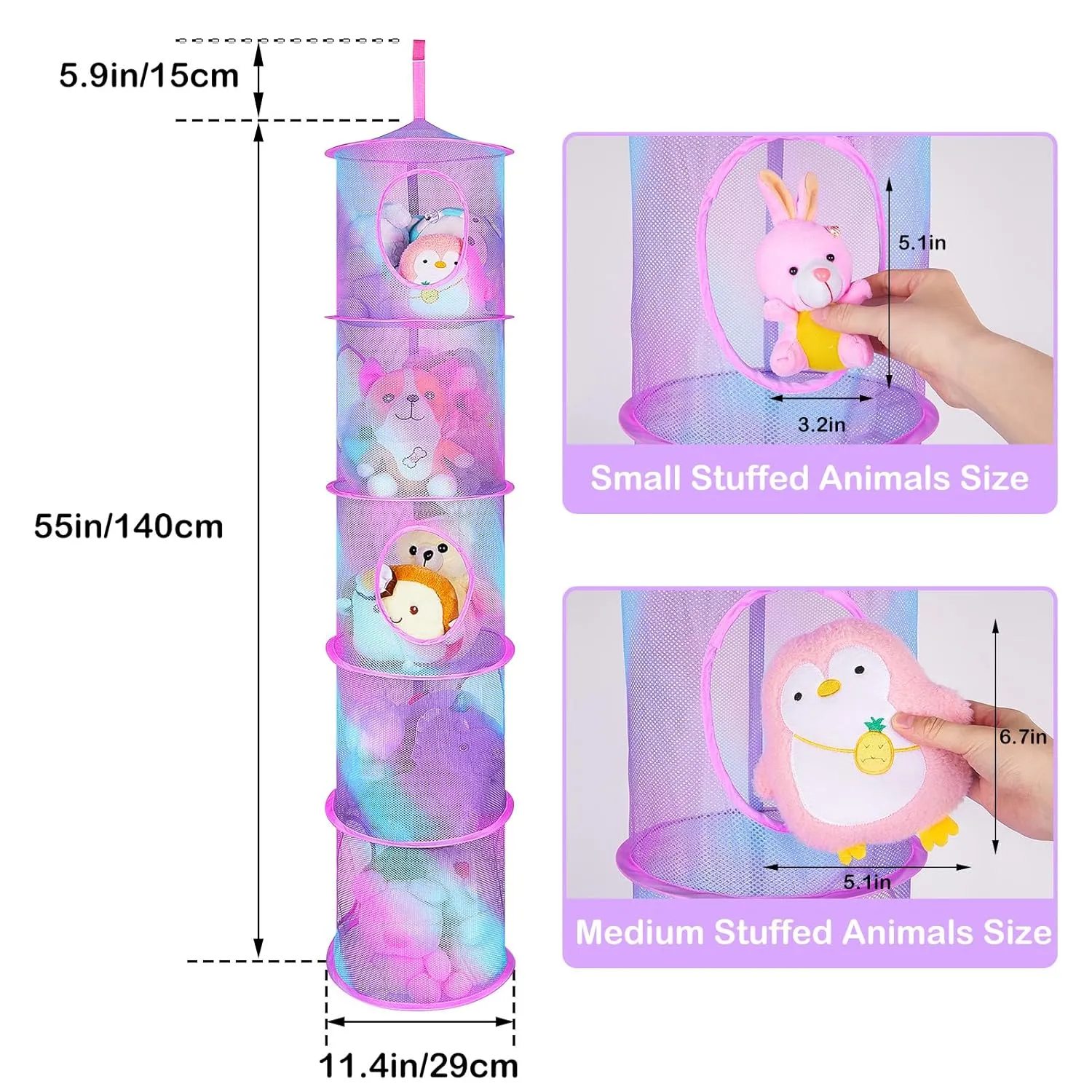 Basumee Stuffed Animals Net or Hammock 2 Pcs Stuffed Animals Storage Toy Net Hammock for Plushies Storage Organizer Mesh Kids Girls Room Decor, Blue and Purple, 5 Tiers