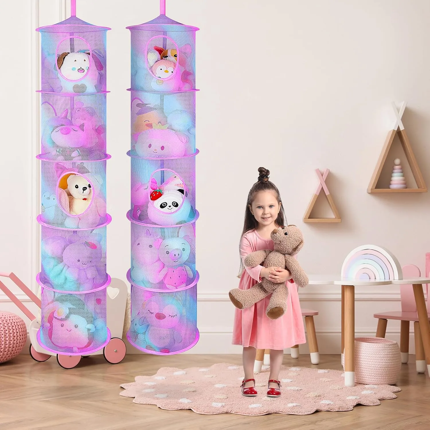 Basumee Stuffed Animals Net or Hammock 2 Pcs Stuffed Animals Storage Toy Net Hammock for Plushies Storage Organizer Mesh Kids Girls Room Decor, Blue and Purple, 5 Tiers
