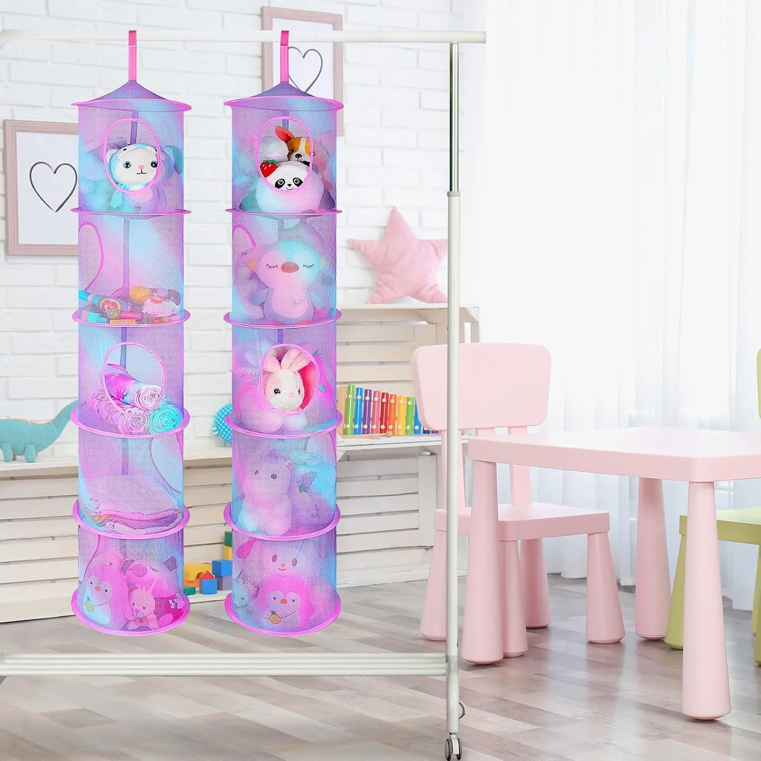 Basumee Stuffed Animals Net or Hammock 2 Pcs Stuffed Animals Storage Toy Net Hammock for Plushies Storage Organizer Mesh Kids Girls Room Decor, Blue and Purple, 5 Tiers