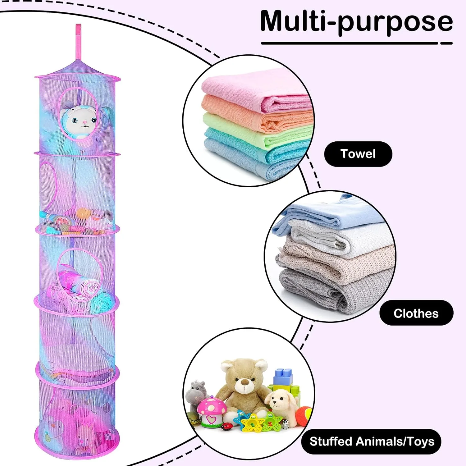 Basumee Stuffed Animals Net or Hammock 2 Pcs Stuffed Animals Storage Toy Net Hammock for Plushies Storage Organizer Mesh Kids Girls Room Decor, Blue and Purple, 5 Tiers