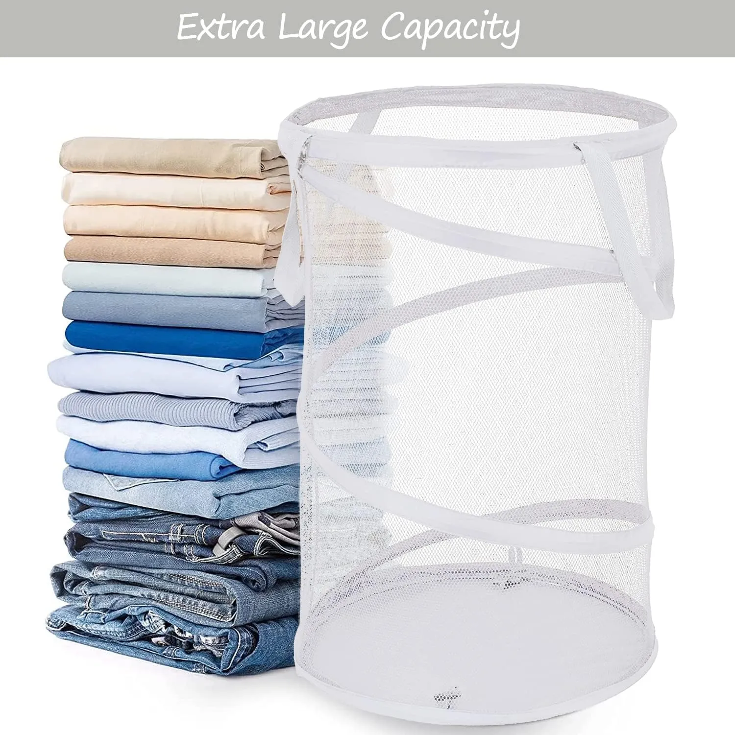BATTOO 2 Pack White Large Collapsible Laundry Basket Foldable Mesh Pop Up Hamper with Handles for Laundry Room, Bathroom, Kids Room, College Dorm, Travel, Camping, Gift Basket