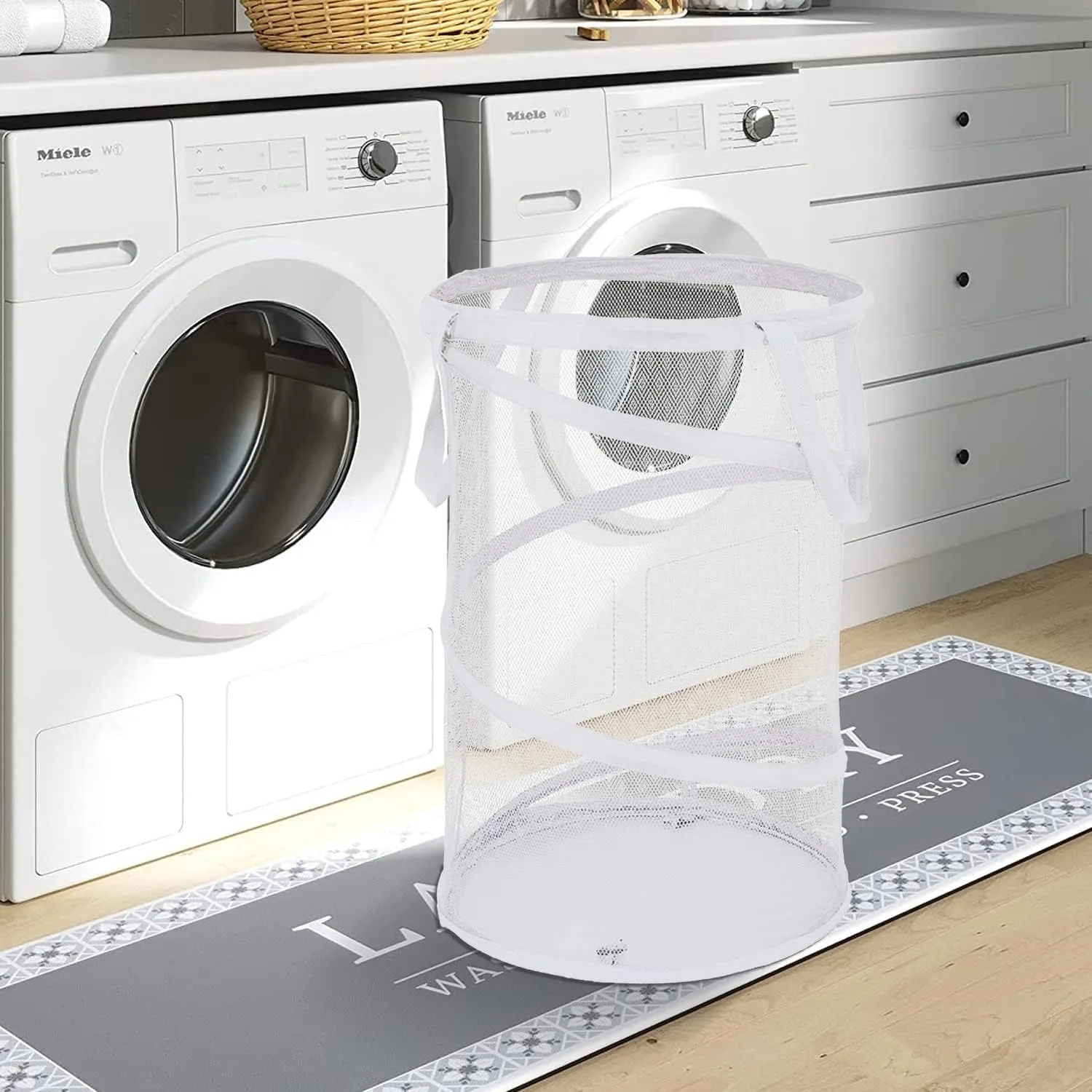 BATTOO 2 Pack White Large Collapsible Laundry Basket Foldable Mesh Pop Up Hamper with Handles for Laundry Room, Bathroom, Kids Room, College Dorm, Travel, Camping, Gift Basket
