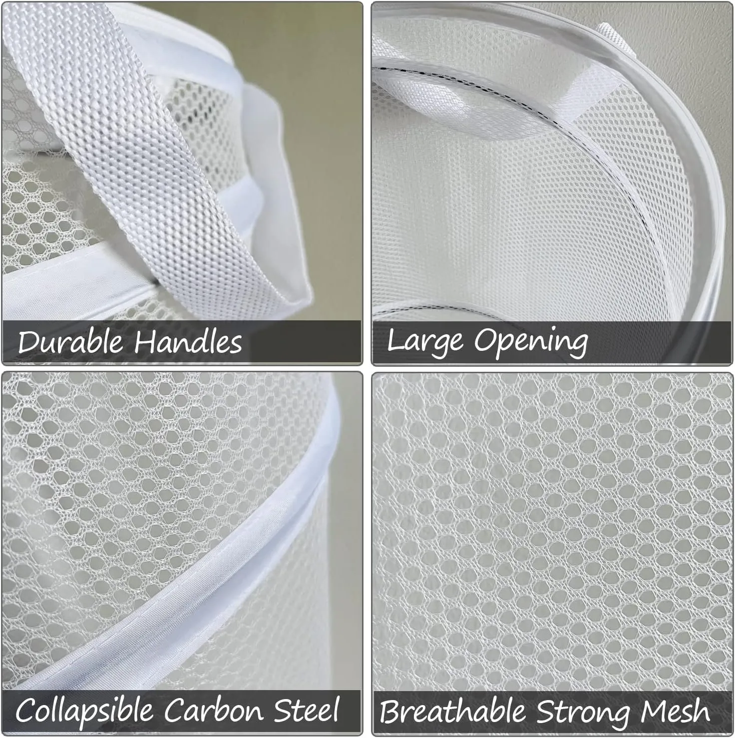 BATTOO 2 Pack White Large Collapsible Laundry Basket Foldable Mesh Pop Up Hamper with Handles for Laundry Room, Bathroom, Kids Room, College Dorm, Travel, Camping, Gift Basket