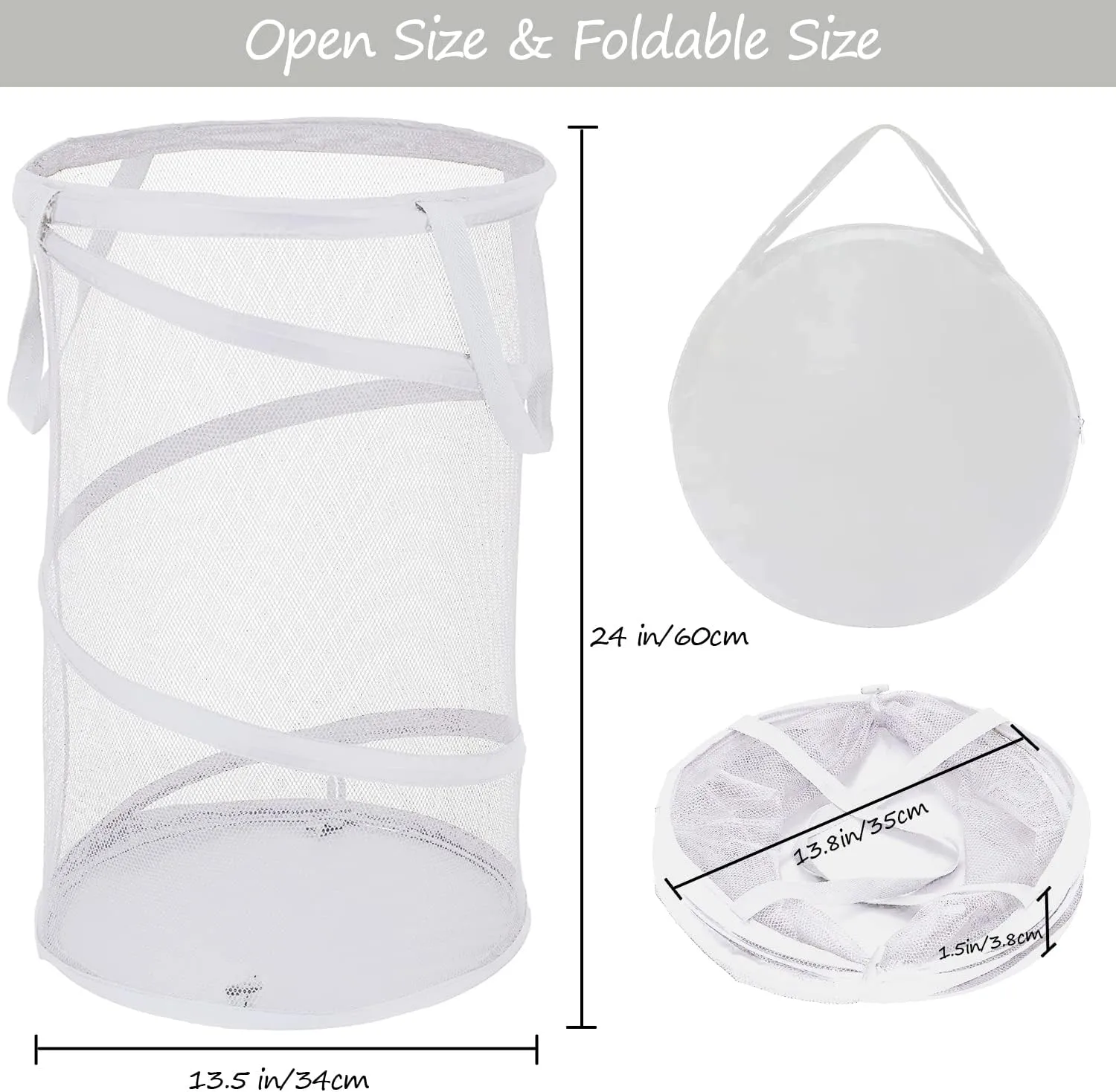 BATTOO 2 Pack White Large Collapsible Laundry Basket Foldable Mesh Pop Up Hamper with Handles for Laundry Room, Bathroom, Kids Room, College Dorm, Travel, Camping, Gift Basket
