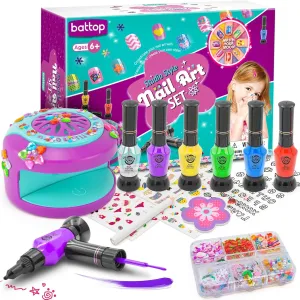 BATTOP Kids Nail Art Kit for Girls Ages 7-12 with Nail Dryer & 2 in 1 Water Based Nail Polish Pen & 3D Decoration & Sticker and Nail Flier - Idea Birthday Gifts for Girls 7 8 9 10 11 12
