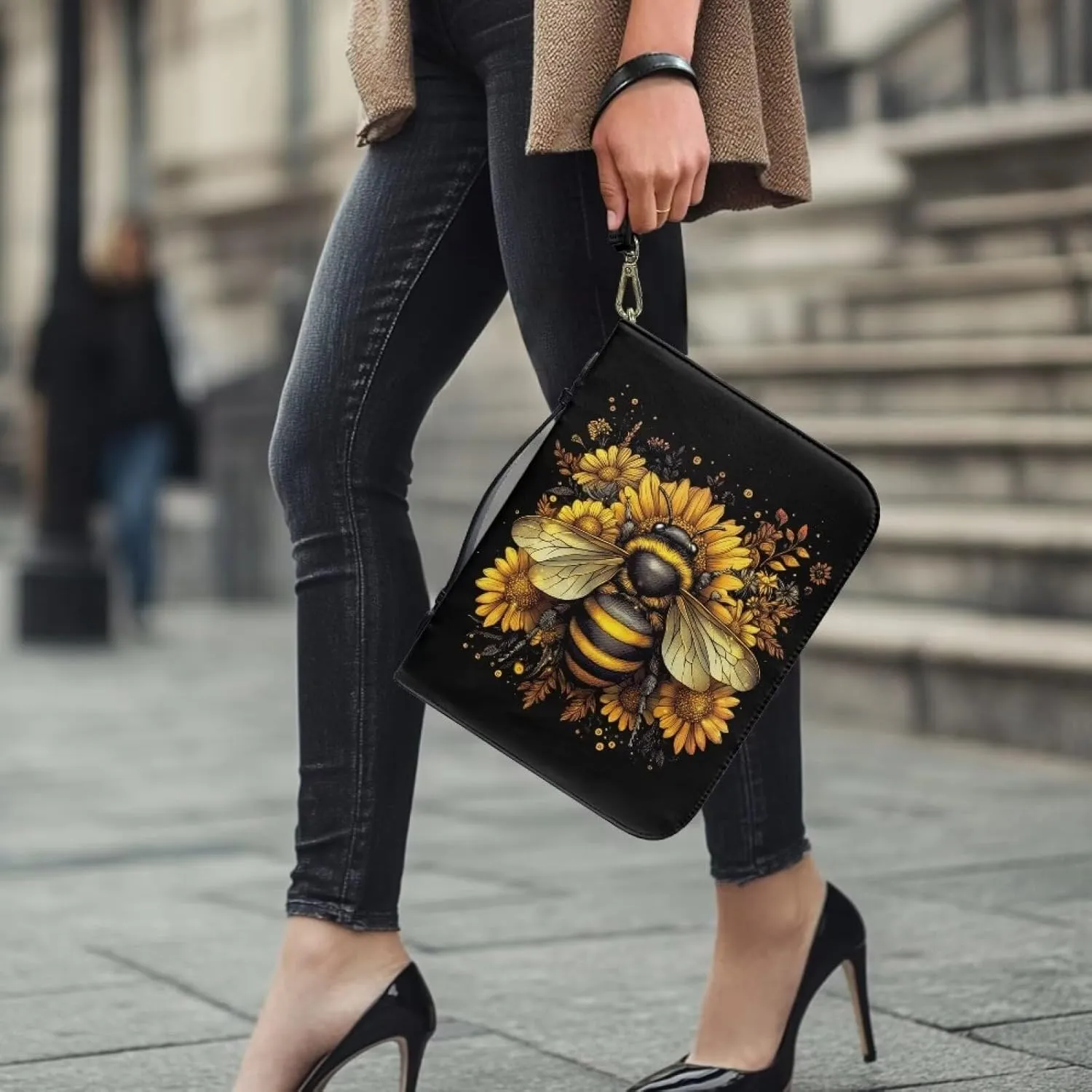 Bee Sunflower Floral Print Leather Bible Cover Large Bible Cover Bag for Women Men Lightweight Bible Study Tools with Detachable Wristlet Strap Scripture Church Bag for Church, 2XL
