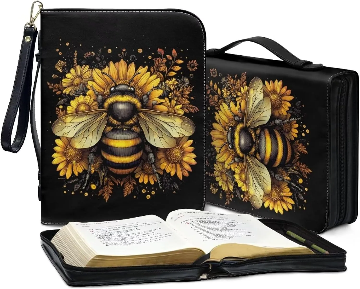Bee Sunflower Floral Print Leather Bible Cover Large Bible Cover Bag for Women Men Lightweight Bible Study Tools with Detachable Wristlet Strap Scripture Church Bag for Church, 2XL
