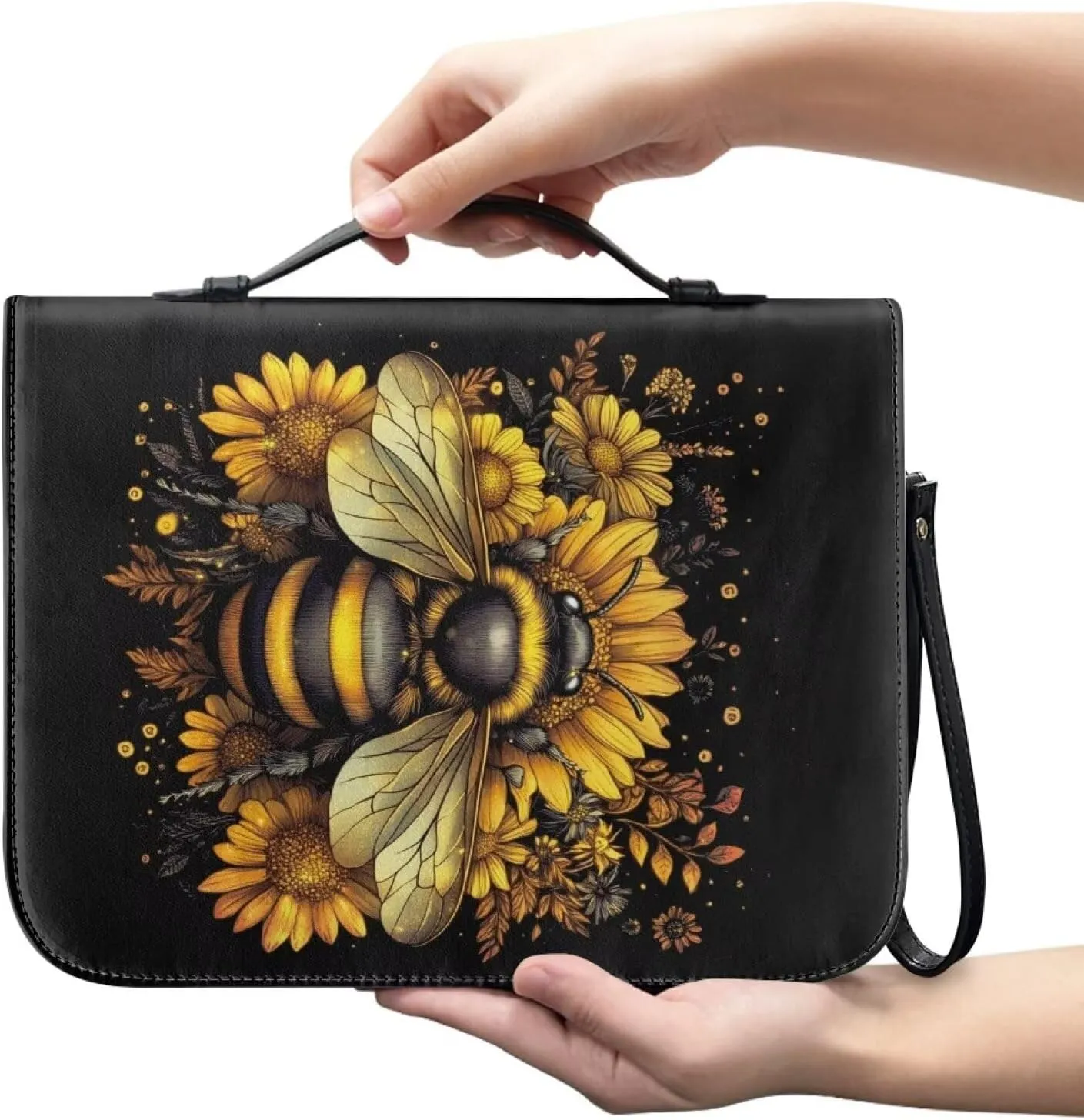 Bee Sunflower Floral Print Leather Bible Cover Large Bible Cover Bag for Women Men Lightweight Bible Study Tools with Detachable Wristlet Strap Scripture Church Bag for Church, 2XL
