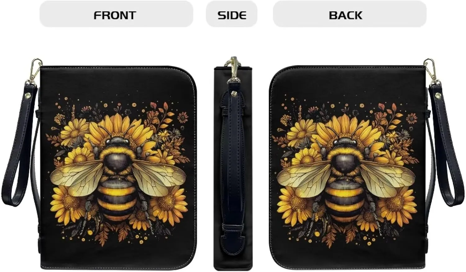 Bee Sunflower Floral Print Leather Bible Cover Large Bible Cover Bag for Women Men Lightweight Bible Study Tools with Detachable Wristlet Strap Scripture Church Bag for Church, 2XL