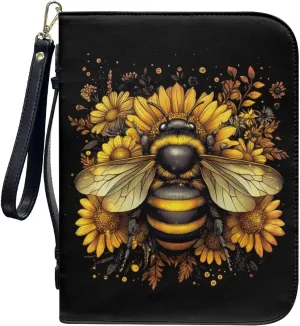 Bee Sunflower Floral Print Leather Bible Cover Large Bible Cover Bag for Women Men Lightweight Bible Study Tools with Detachable Wristlet Strap Scripture Church Bag for Church, 2XL