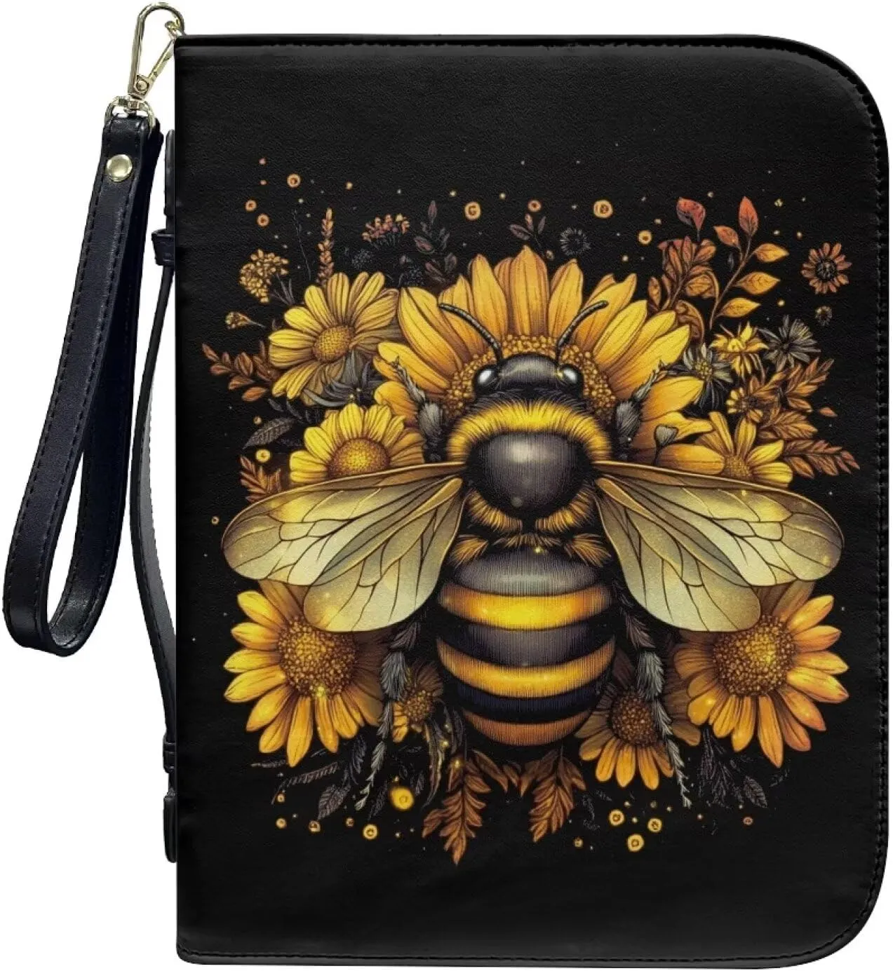 Bee Sunflower Floral Print Leather Bible Cover Large Bible Cover Bag for Women Men Lightweight Bible Study Tools with Detachable Wristlet Strap Scripture Church Bag for Church, 2XL