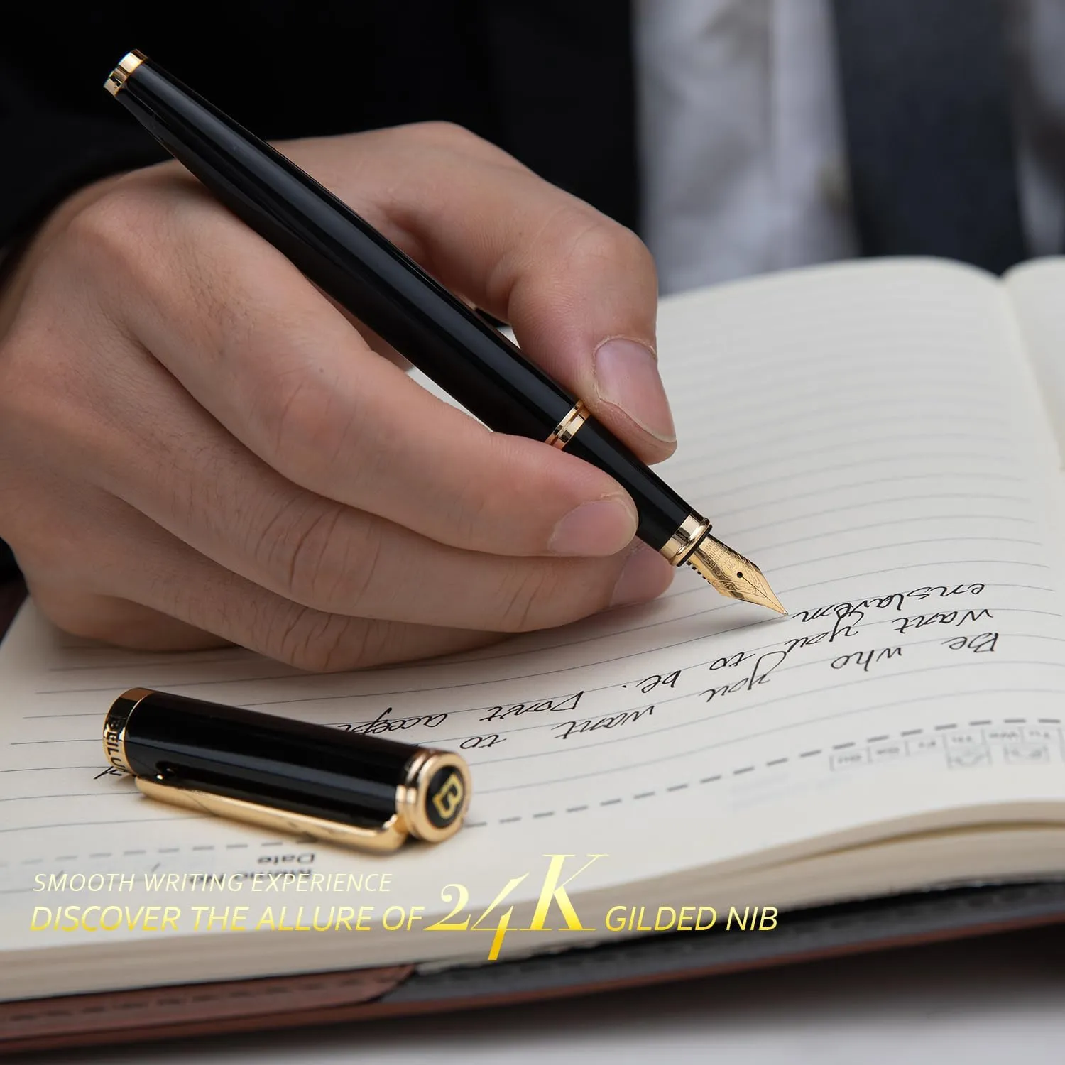 BEILUNER Black Fountain Pen,Stunning Luxury Piano Lacquer,24K Gilded Nib(Medium),Gorgeous 24K Gold Finish,German Schneider Converter, Gift for Men&Women-Elegant, Reliable,Professional Pens for Writing