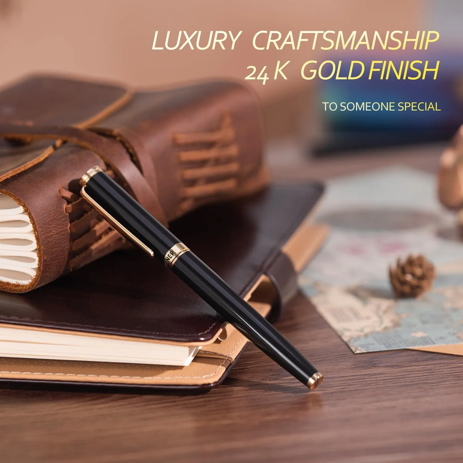 BEILUNER Black Fountain Pen,Stunning Luxury Piano Lacquer,24K Gilded Nib(Medium),Gorgeous 24K Gold Finish,German Schneider Converter, Gift for Men&Women-Elegant, Reliable,Professional Pens for Writing