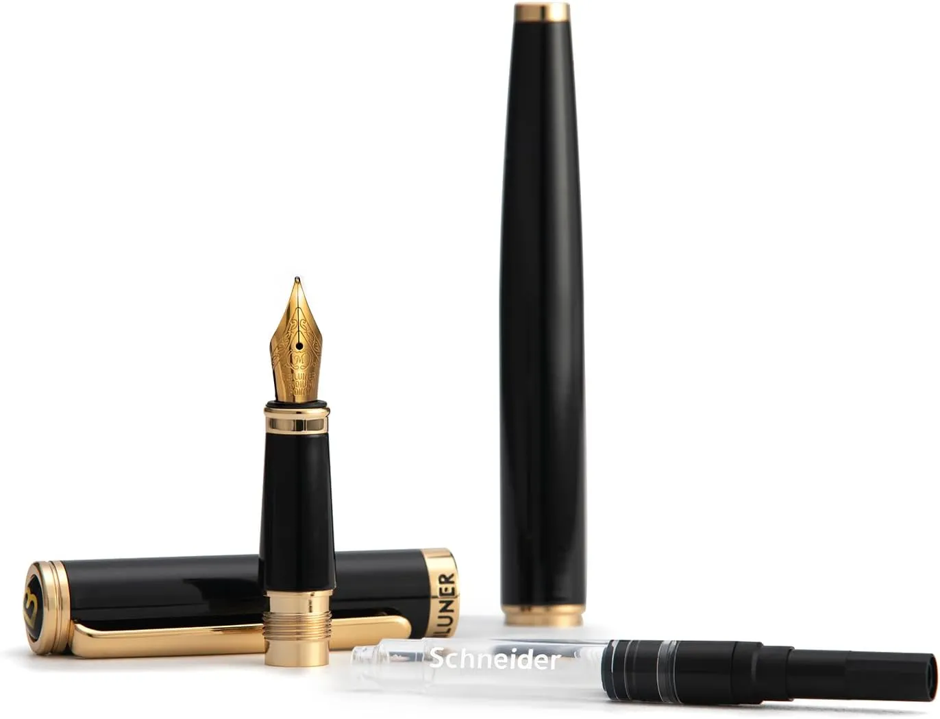 BEILUNER Black Fountain Pen,Stunning Luxury Piano Lacquer,24K Gilded Nib(Medium),Gorgeous 24K Gold Finish,German Schneider Converter, Gift for Men&Women-Elegant, Reliable,Professional Pens for Writing