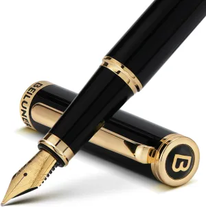 BEILUNER Black Fountain Pen,Stunning Luxury Piano Lacquer,24K Gilded Nib(Medium),Gorgeous 24K Gold Finish,German Schneider Converter, Gift for Men&Women-Elegant, Reliable,Professional Pens for Writing