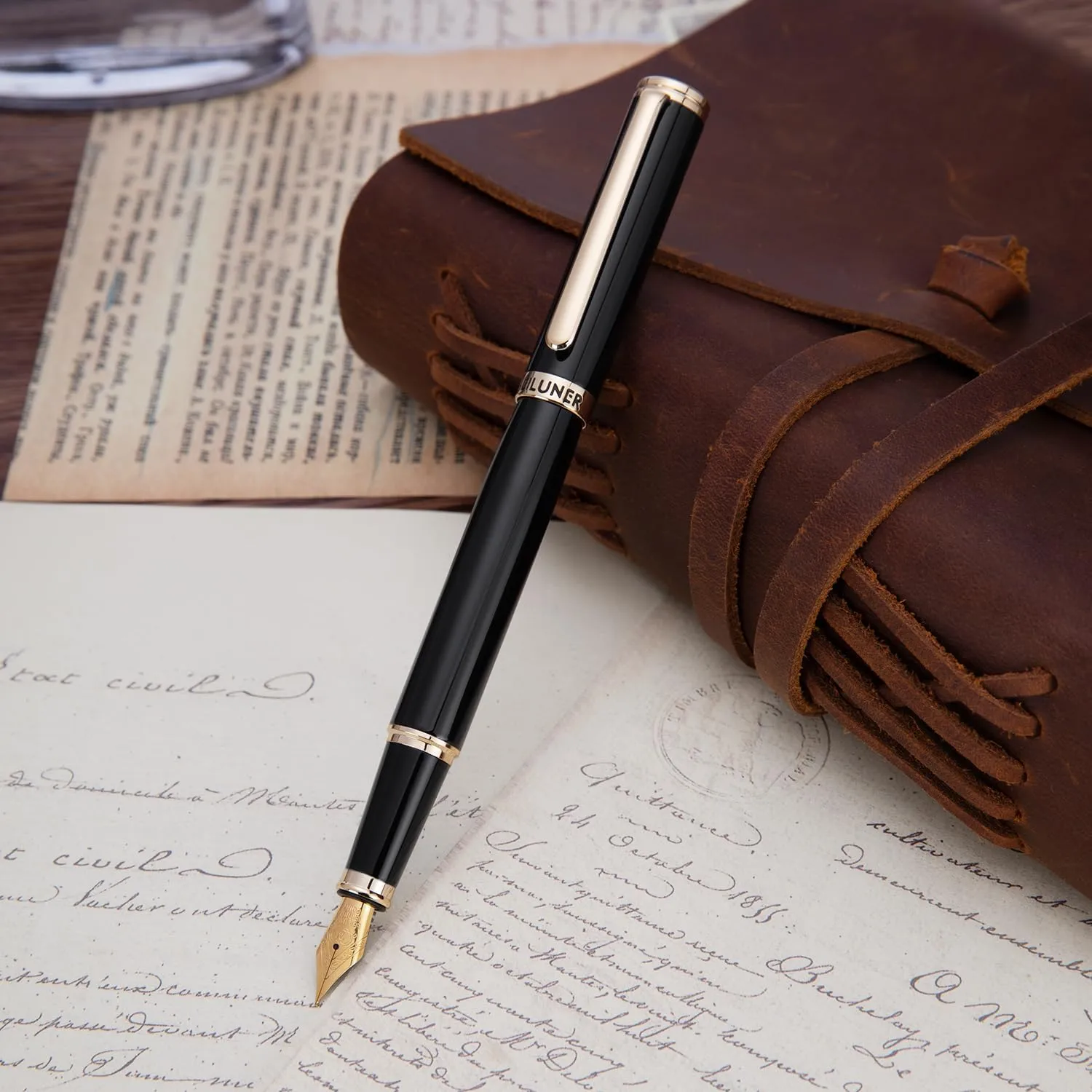 BEILUNER Black Fountain Pen,Stunning Luxury Piano Lacquer,24K Gilded Nib(Medium),Gorgeous 24K Gold Finish,German Schneider Converter, Gift for Men&Women-Elegant, Reliable,Professional Pens for Writing