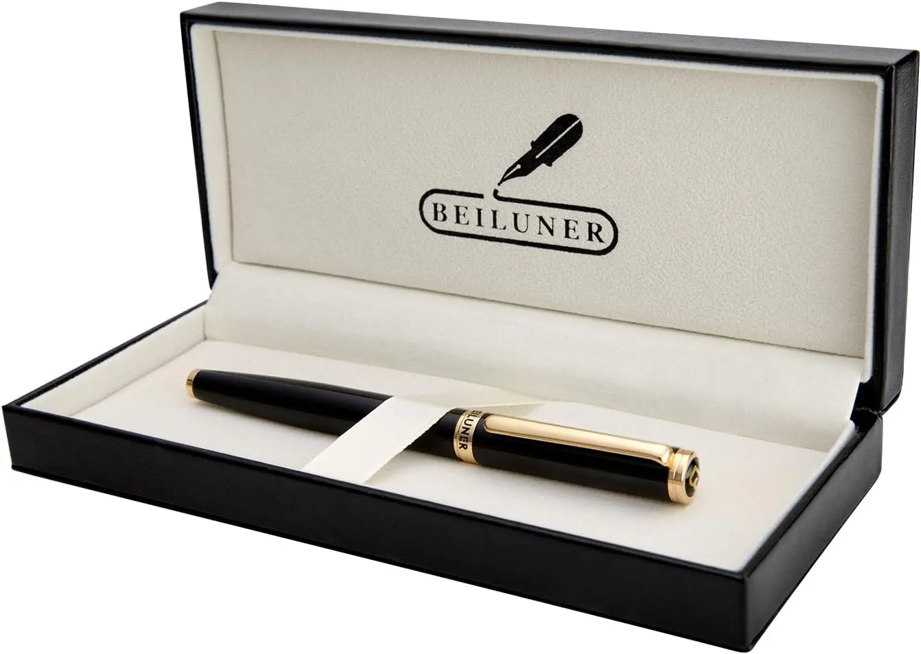 BEILUNER Black Fountain Pen,Stunning Luxury Piano Lacquer,24K Gilded Nib(Medium),Gorgeous 24K Gold Finish,German Schneider Converter, Gift for Men&Women-Elegant, Reliable,Professional Pens for Writing