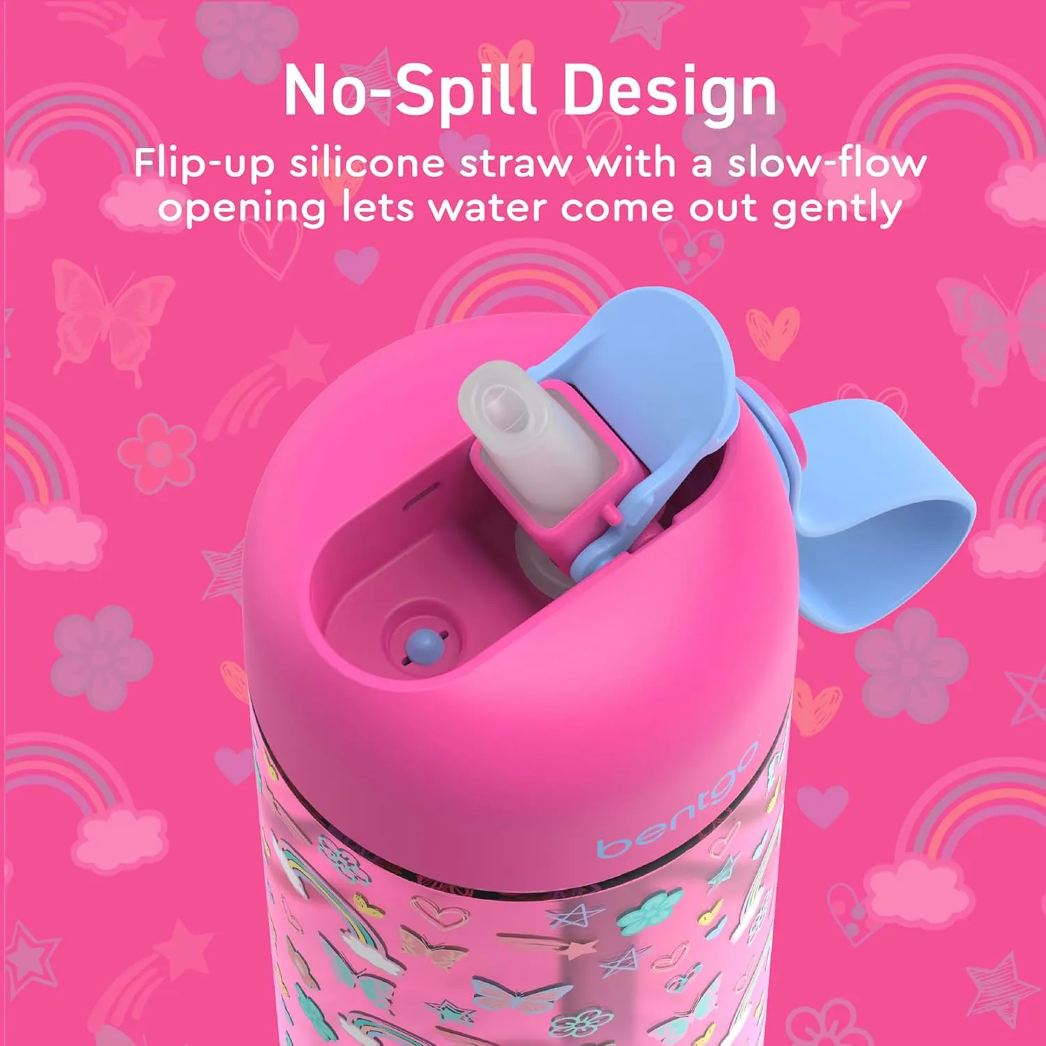 Bentgo Kids Water Bottle 2-Pack - Leak-Proof, Durable Tritan, BPA-Free 15 oz Cup for Kids/Toddlers 3 ; Flip-Up Straw; Dishwasher Safe for School/Sports/Daycare/Camp (Rainbows & Butterflies/Fairies)
