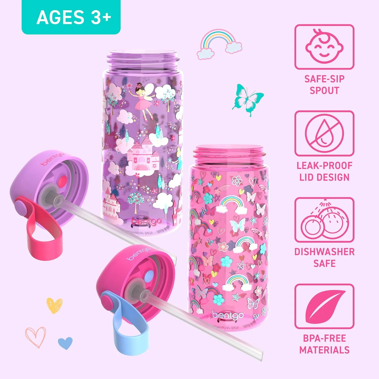 Bentgo Kids Water Bottle 2-Pack - Leak-Proof, Durable Tritan, BPA-Free 15 oz Cup for Kids/Toddlers 3 ; Flip-Up Straw; Dishwasher Safe for School/Sports/Daycare/Camp (Rainbows & Butterflies/Fairies)