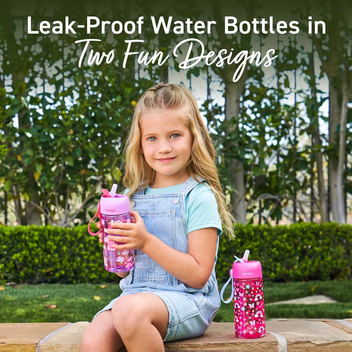 Bentgo Kids Water Bottle 2-Pack - Leak-Proof, Durable Tritan, BPA-Free 15 oz Cup for Kids/Toddlers 3 ; Flip-Up Straw; Dishwasher Safe for School/Sports/Daycare/Camp (Rainbows & Butterflies/Fairies)