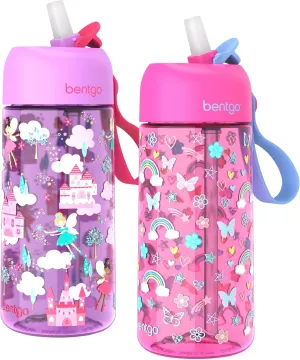 Bentgo Kids Water Bottle 2-Pack - Leak-Proof, Durable Tritan, BPA-Free 15 oz Cup for Kids/Toddlers 3 ; Flip-Up Straw; Dishwasher Safe for School/Sports/Daycare/Camp (Rainbows & Butterflies/Fairies)