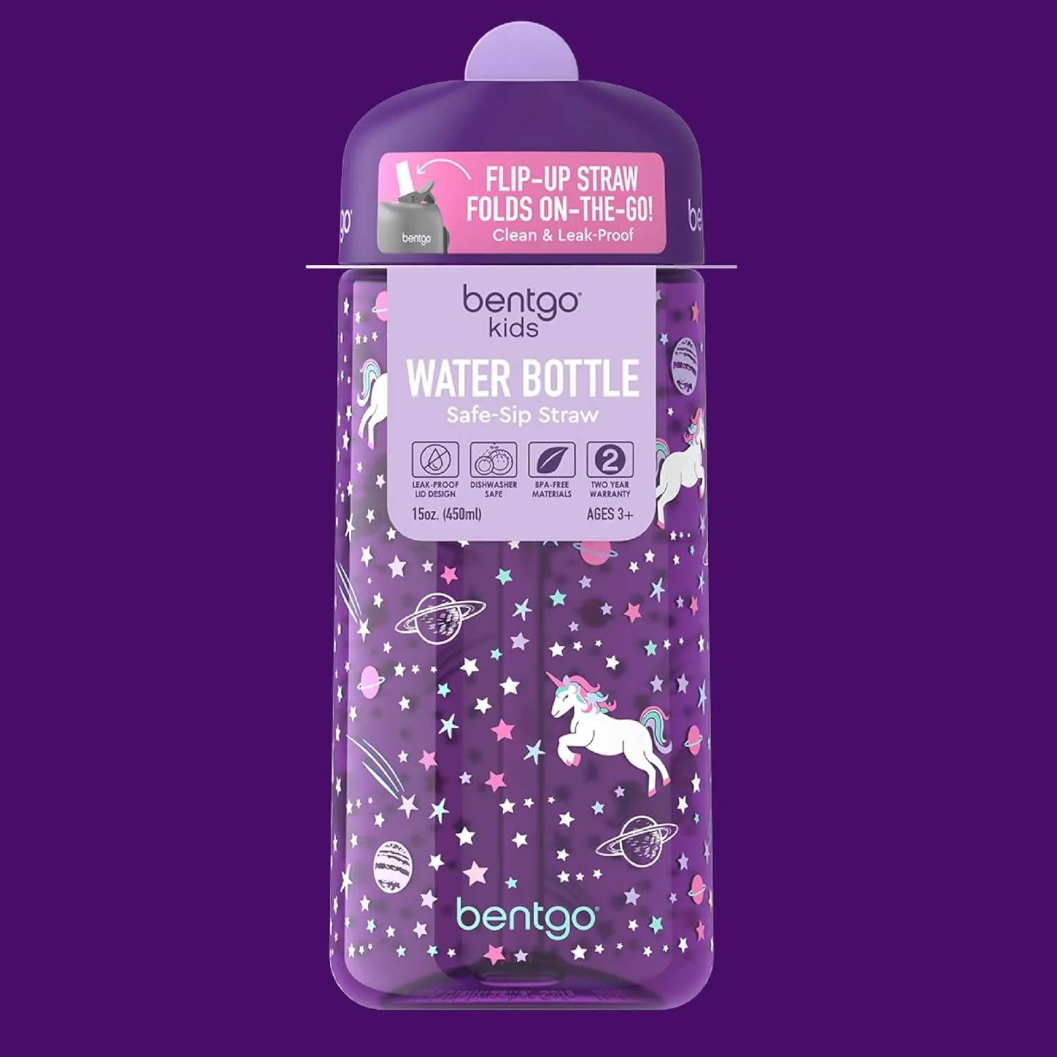 Bentgo Kids Water Bottle - Leak-Proof, Durable Tritan, BPA-Free 15 oz. Cup for Kids/Toddlers Ages 3 , Safe Sip Spout, Carrying Handle, & Dishwasher Safe for School, Sports, Daycare & Camp (Unicorn)